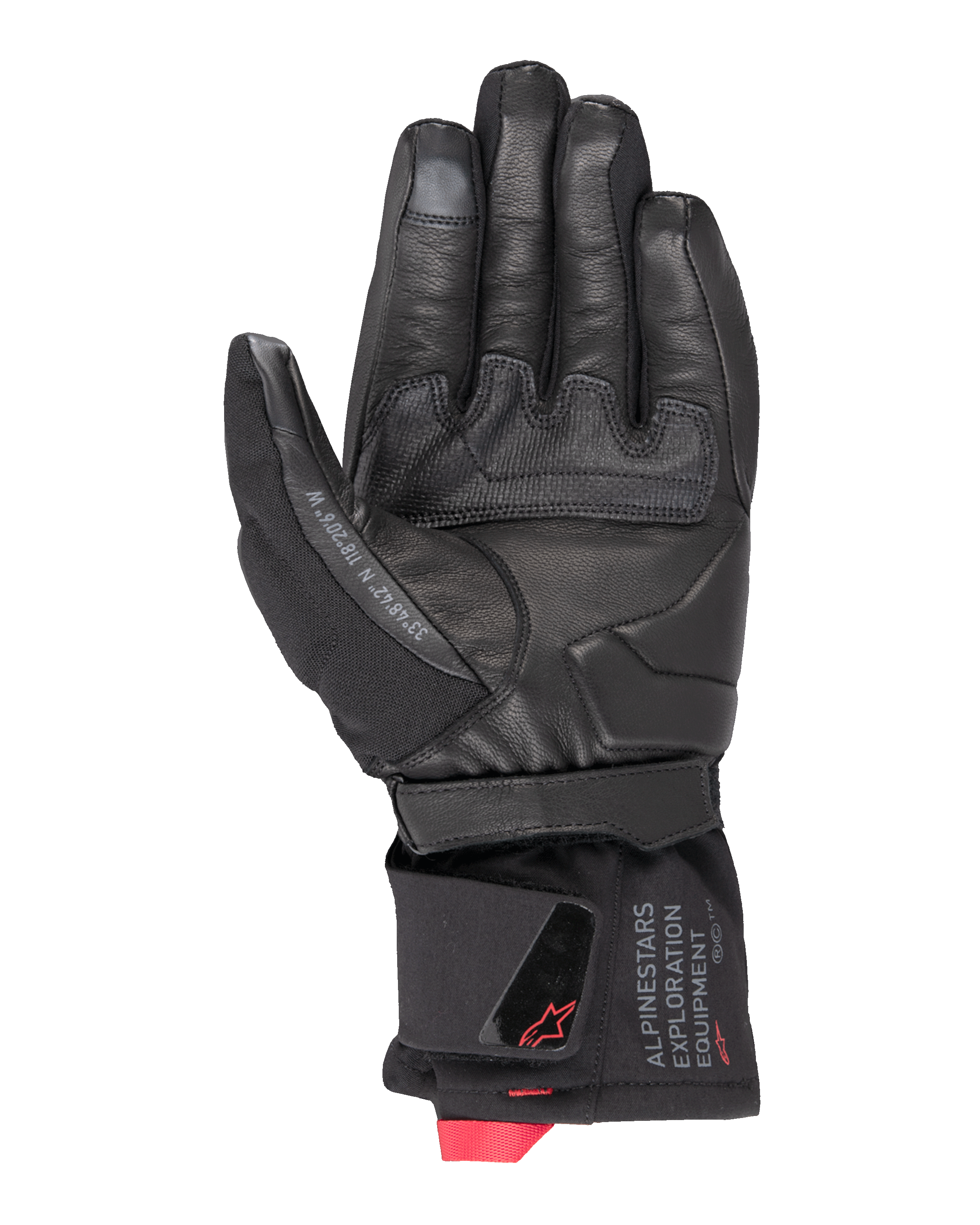 Alpinestars WT-4 GORE-TEX Isolerad Handske, motorcykelhandske, svart, vy av handflatan med läderkonstruktion och gummigrepp, mellanhög manschett med Alpinestars Exploration Equipment-märkning och röda logotypdetaljer