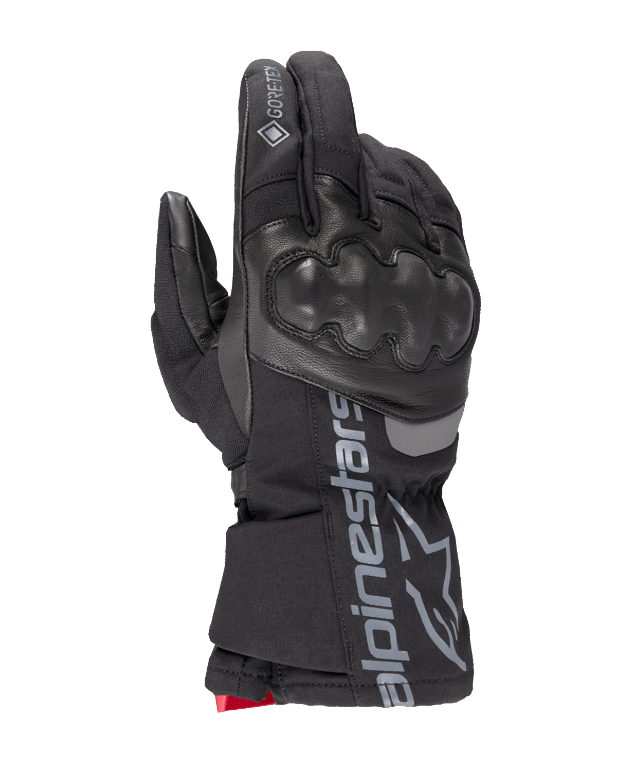 Alpinestars WT-4 Gore-Tex Insulated Glove, svart motorcykelhandske, hårt knogskydd, konstruktion i läder och textil, vattentät GORE-TEX-teknik, silverfärgad Alpinestars-logotyp och text på manschetten, röd detalj vid handleden, vinterhandske för mc-körning