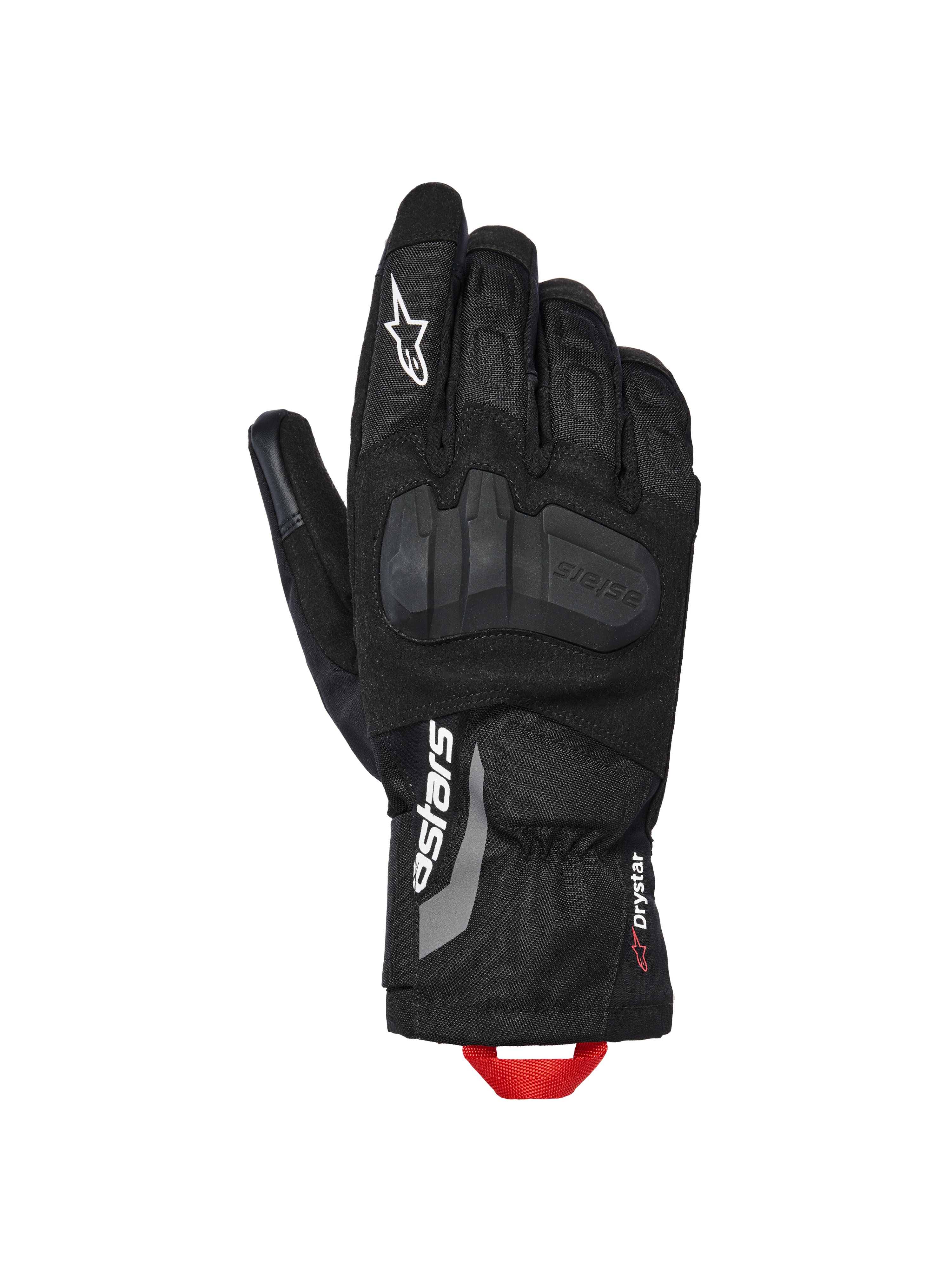 Alpinestars XT-3 Drystar® isolerade handskar, motorcykelhandskar för äventyrskörning, svarta med vit logotyp och röd dragögla, integrerat knogskydd, konstruktion i textil och mocka, medellång krage.
