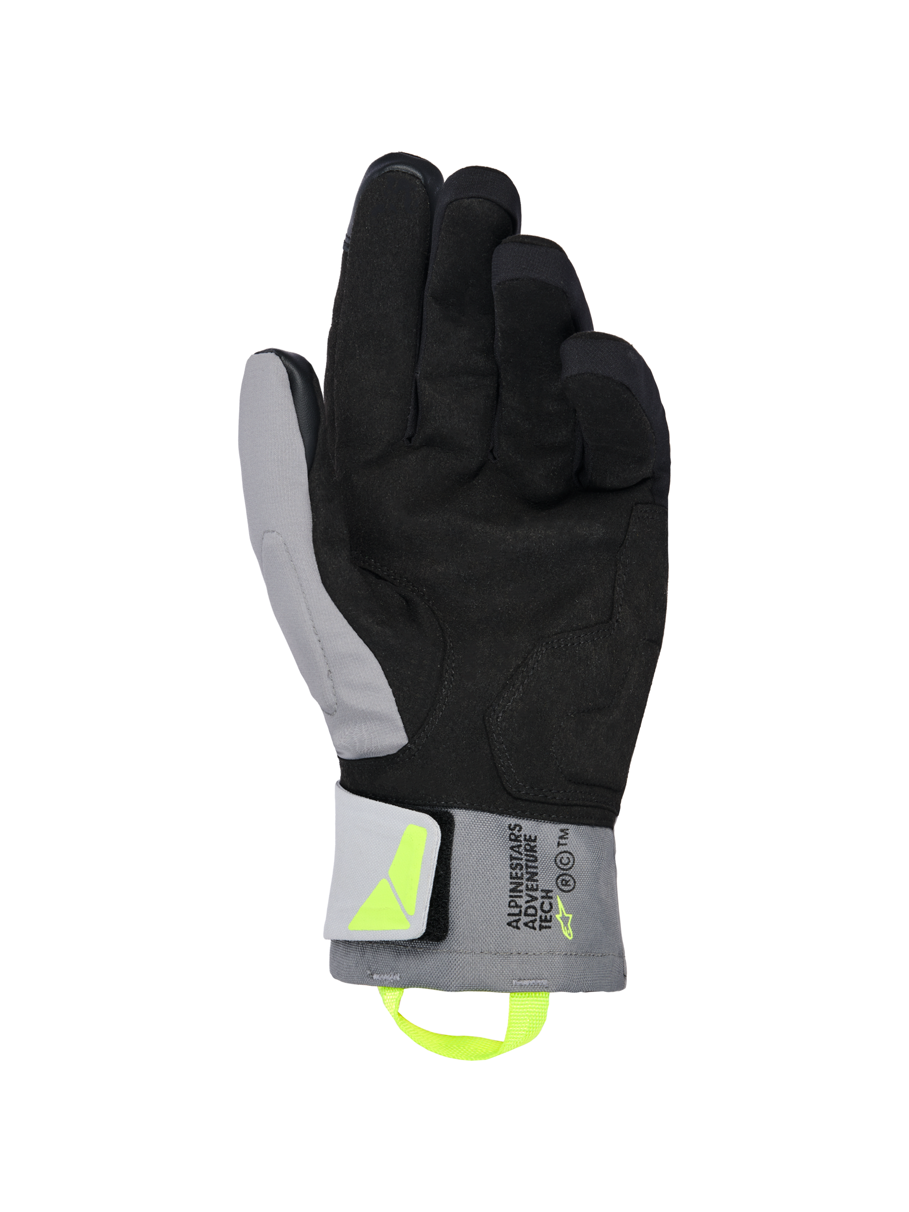 Alpinestars XT-3 Drystar® Insulated Gloves, Black and Dark Gray motorcycle gloves, palm view showing soft black suede and gray textile, fluorescent yellow pull tab and logo, 'ALPINESTARS ADVENTURE TECH' branding on the cuff, waterproof and insulated for adventure riding