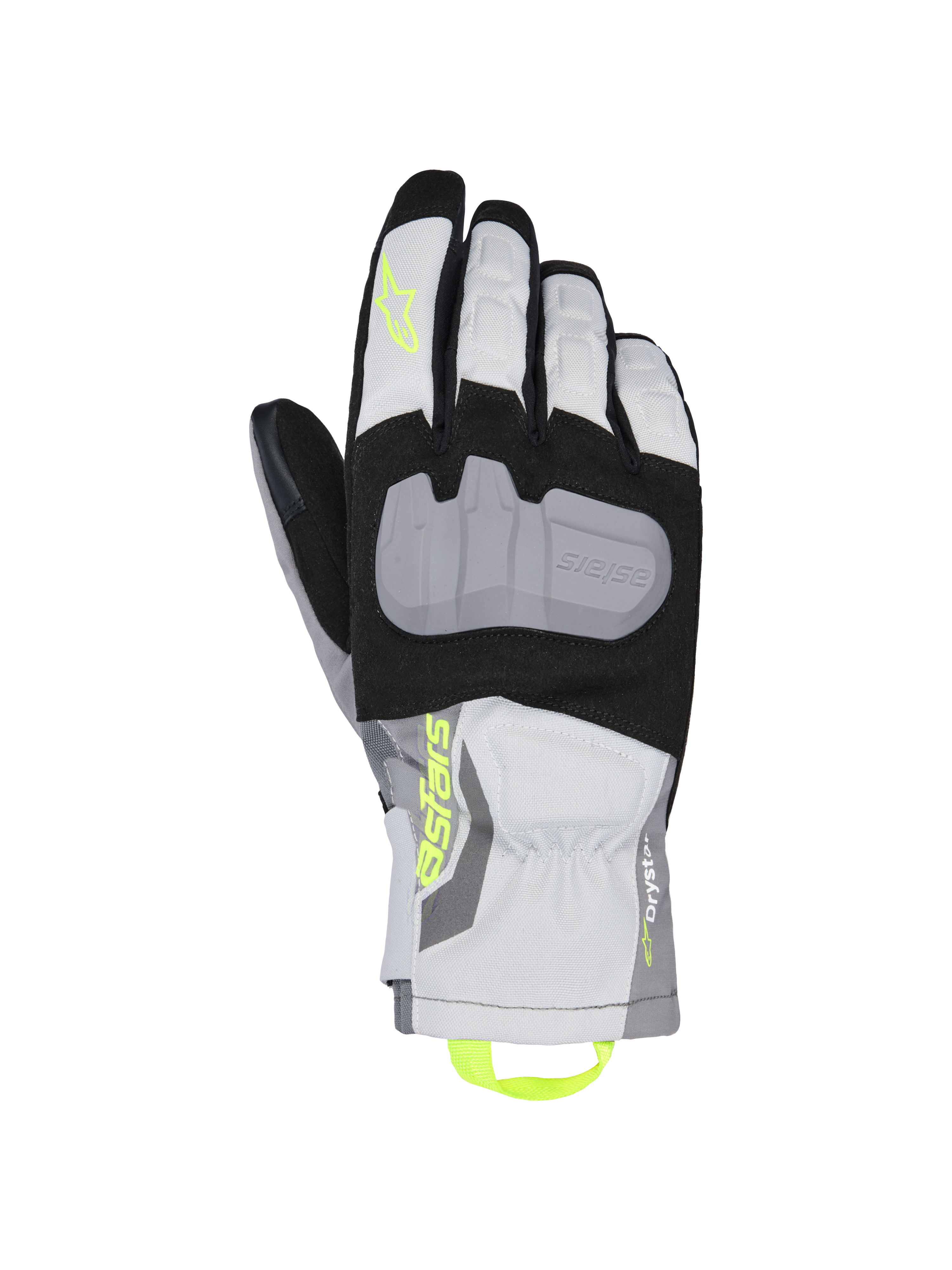 Alpinestars XT-3 Drystar Insulated Gloves, Motorcycle Touring Gloves, Black Gray and White, featuring a large gray protective knuckle plate, neon yellow Astars branding and pull loop, waterproof textile construction with mid-length cuff.