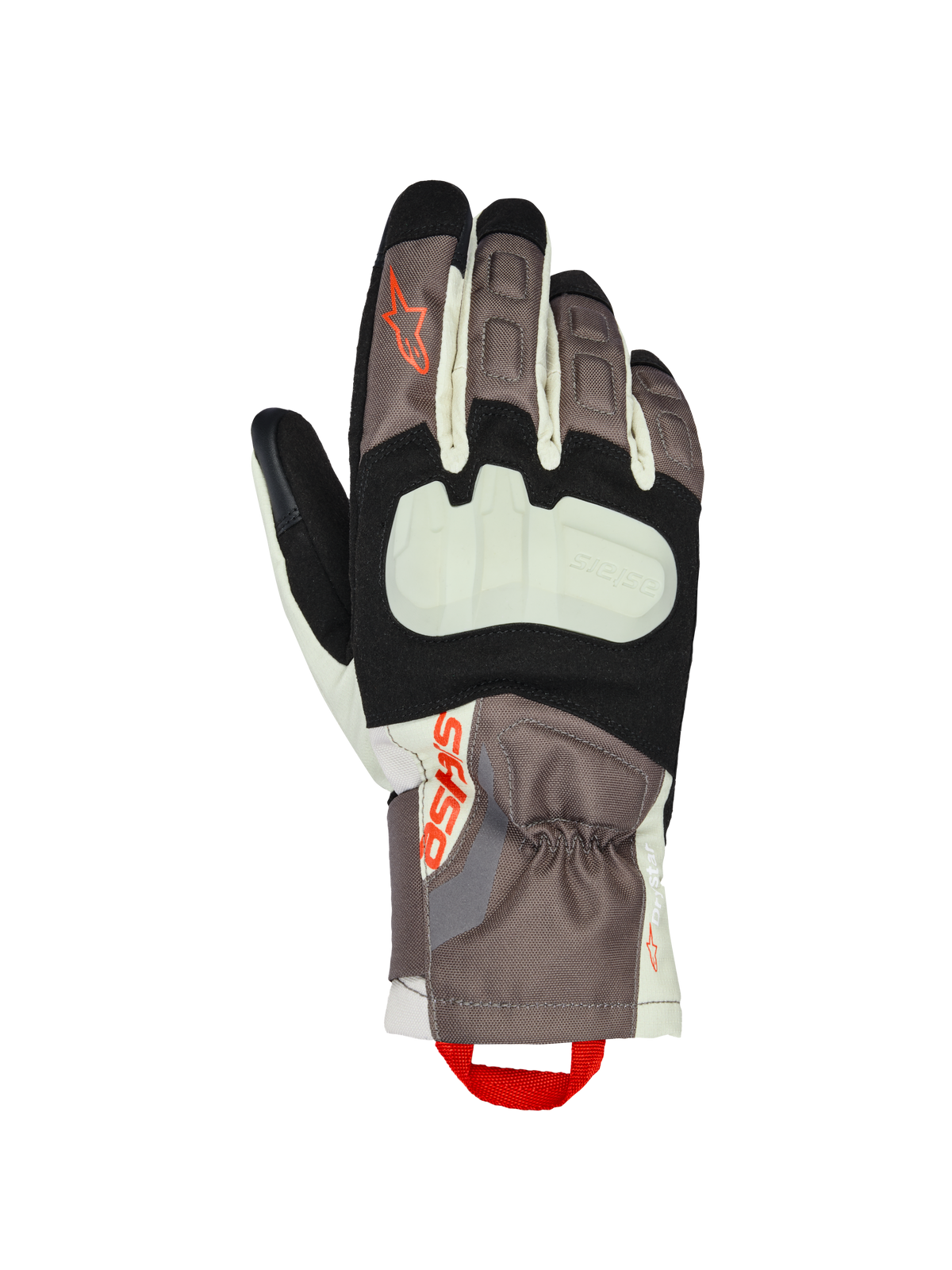 Alpinestars XT-3 Drystar® Insulated Gloves, Motorcycle Touring Gloves, Dark Brown, Sand and Black with Orange Accents, featuring an exposed knuckle protector, mid-length cuff, durable textile construction, and Alpinestars branding with a red finger pull loop.