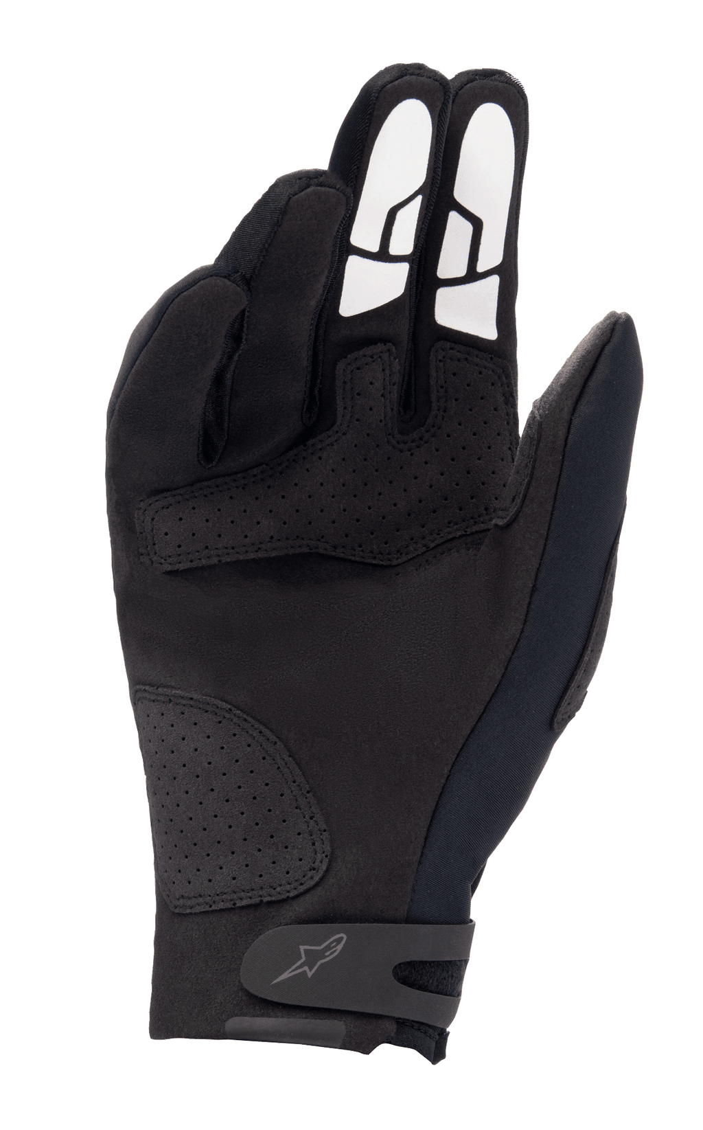 Alpinestars Thermo Shielder-handskar, svarta motocrosshandskar, vy av handflatan som visar konstruktion i syntetmocka, perforerade förstärkningspaneler, vita silikongreppsmönster på fingrarna och en säker handledsrem med logotyp