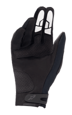 Alpinestars Thermo Shielder-handskar, svarta motocrosshandskar, vy av handflatan som visar konstruktion i syntetmocka, perforerade förstärkningspaneler, vita silikongreppsmönster på fingrarna och en säker handledsrem med logotyp