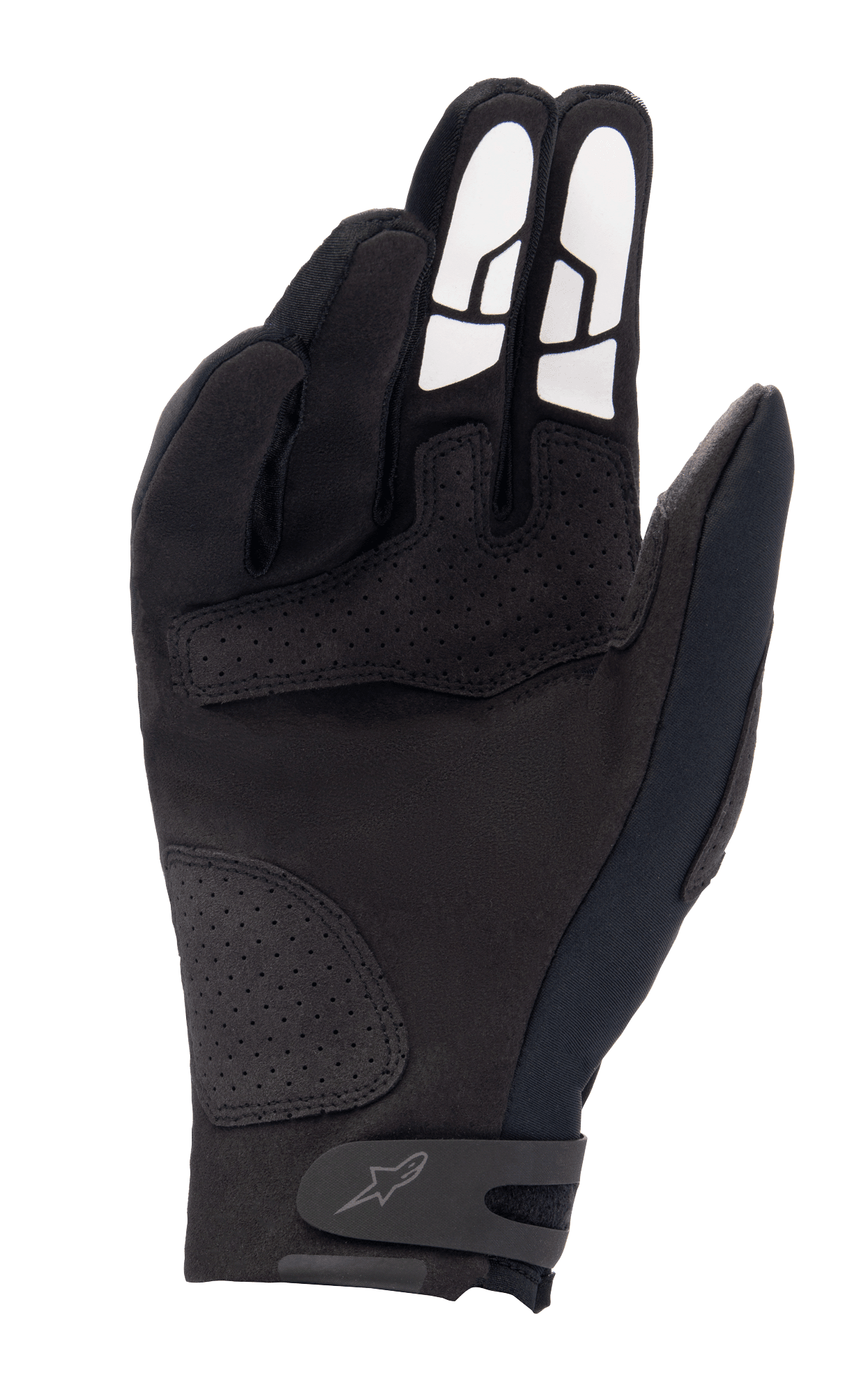 Alpinestars Thermo Shielder-handskar, svarta motocrosshandskar, vy av handflatan som visar konstruktion i syntetmocka, perforerade förstärkningspaneler, vita silikongreppsmönster på fingrarna och en säker handledsrem med logotyp