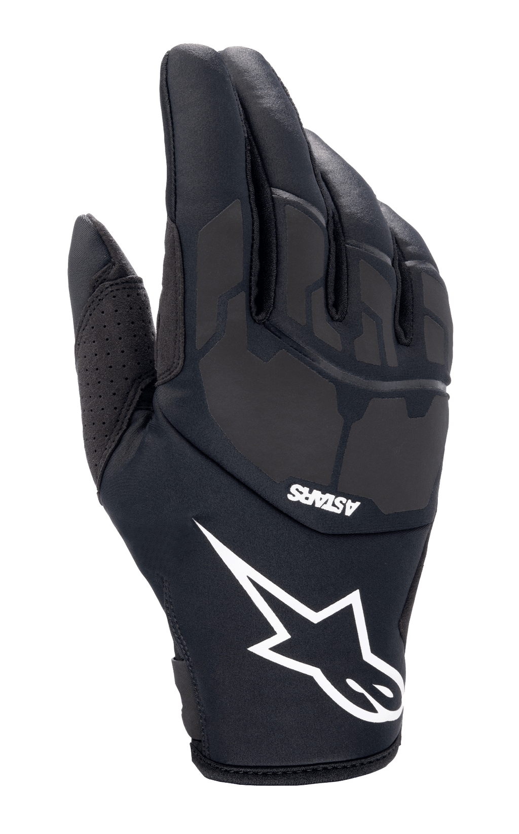 Alpinestars Thermo Shielder handskar, svarta motocrosshandskar, med en stor vit stjärnlogotyp och ASTARS-logotyp, vadderad handrygg med laserlaminerade detaljer, neoprenkonstruktion för kallt väder, perforerad tumventilation