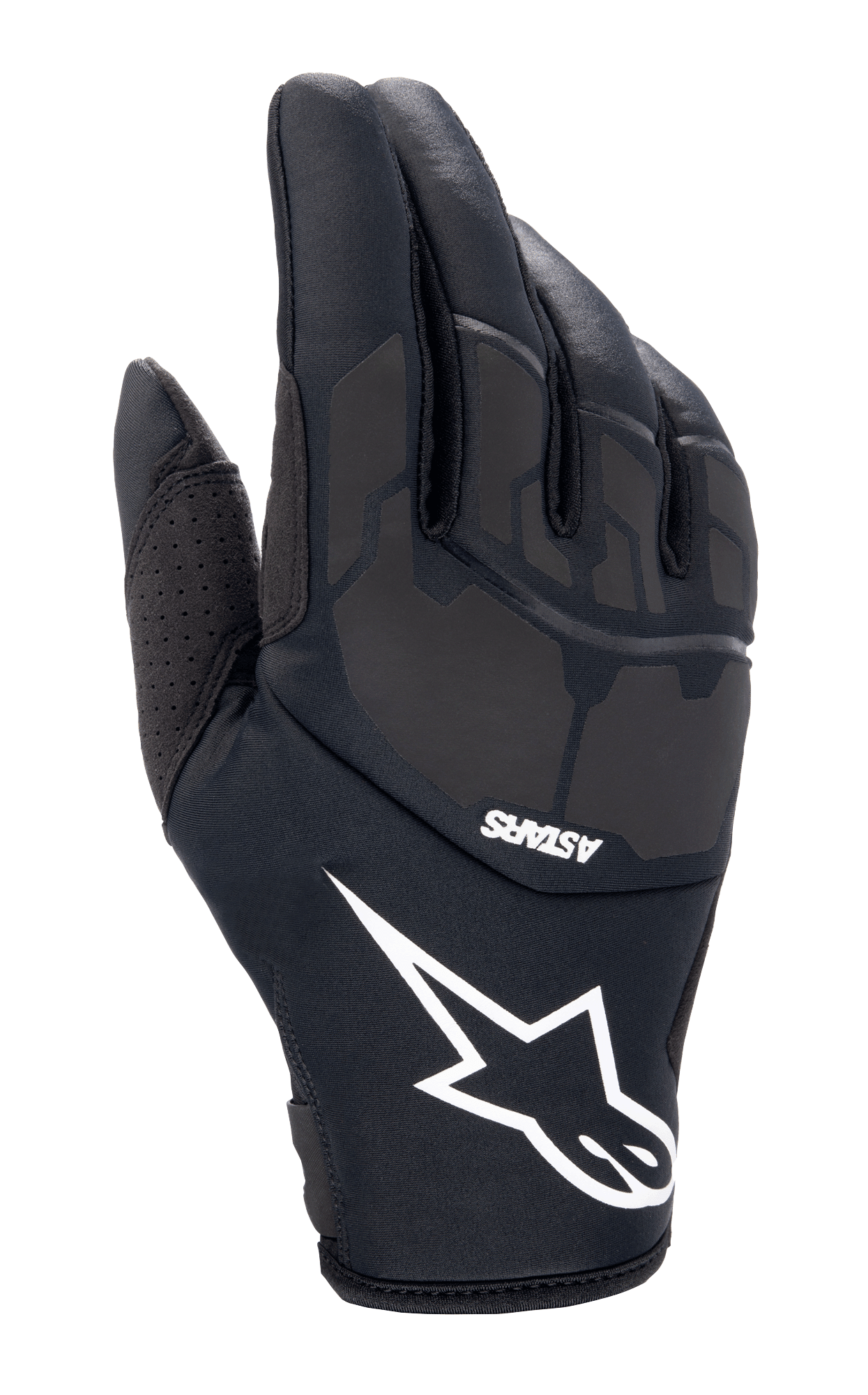 Alpinestars Thermo Shielder handskar, svarta motocrosshandskar, med en stor vit stjärnlogotyp och ASTARS-logotyp, vadderad handrygg med laserlaminerade detaljer, neoprenkonstruktion för kallt väder, perforerad tumventilation