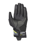Alpinestars Corozal V3 Drystar® Gloves, Black Deep Gray and Yellow Fluo, palm view featuring leather construction with synthetic reinforcements, touchscreen-compatible fingertips, and Alpinestars Adventure Tech branding on the short cuff.