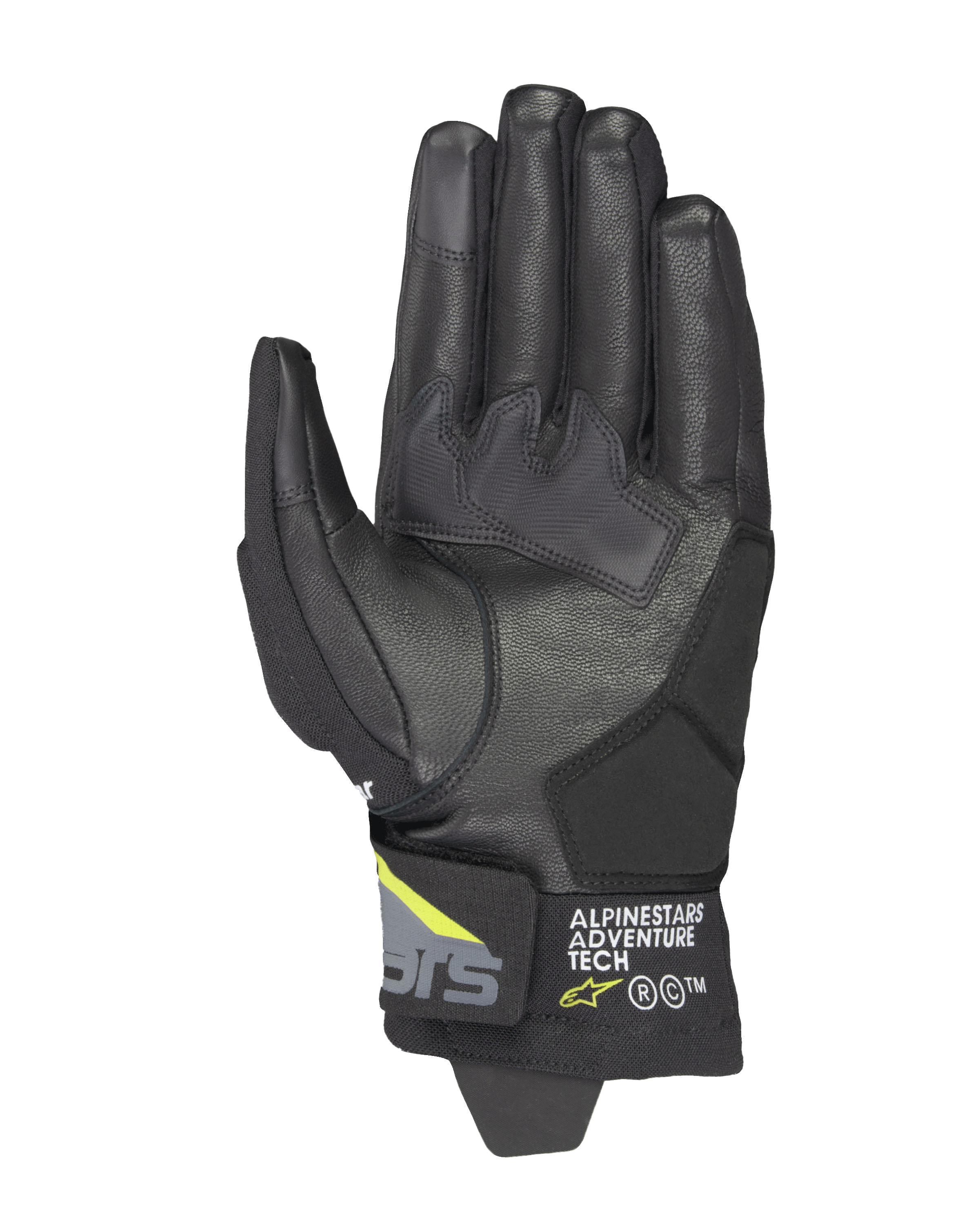 Alpinestars Corozal V3 Drystar® Gloves, Black Deep Gray and Yellow Fluo, palm view featuring leather construction with synthetic reinforcements, touchscreen-compatible fingertips, and Alpinestars Adventure Tech branding on the short cuff.