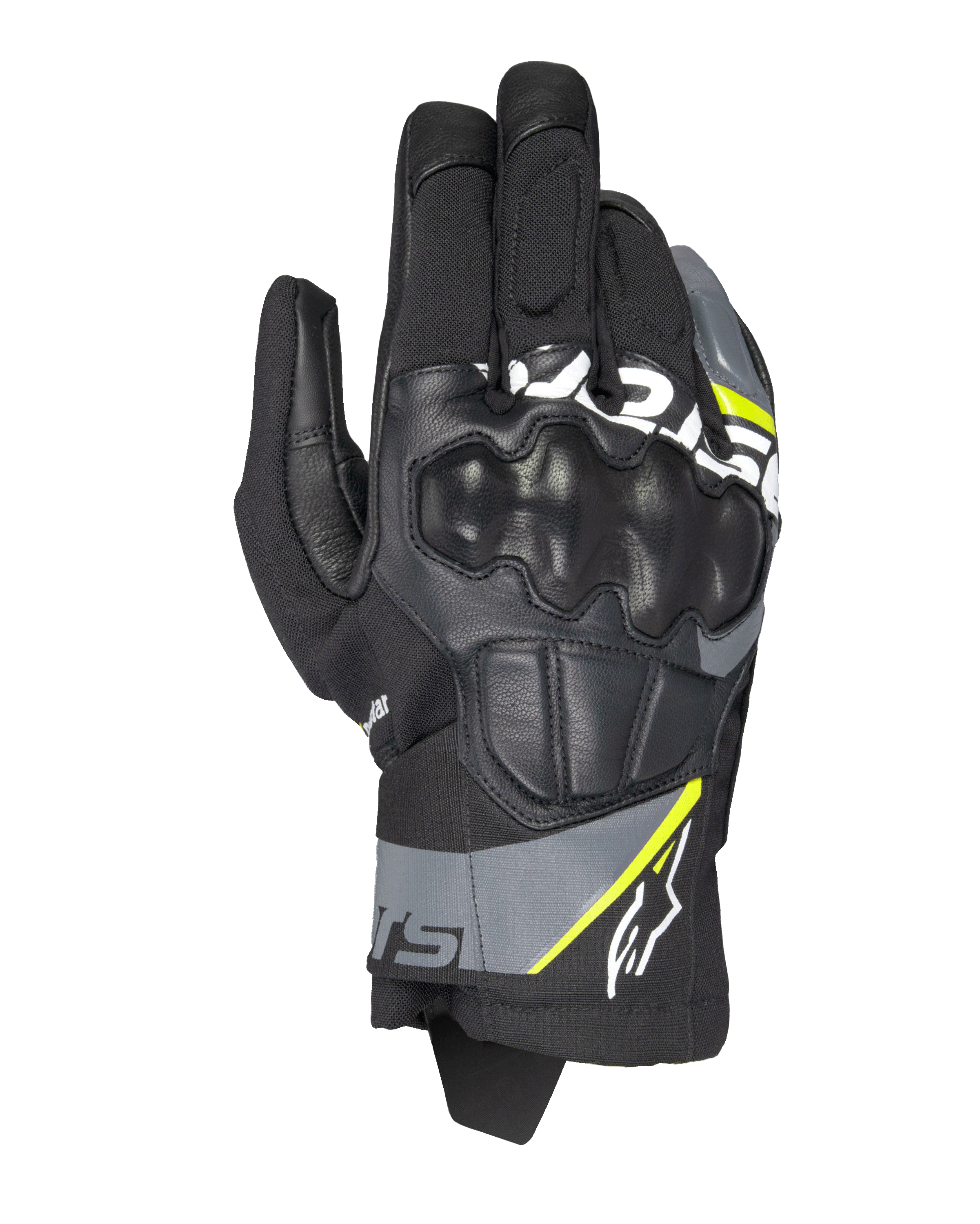 Alpinestars Corozal V3 Drystar® Gloves, Adventure Motorcycle Gloves, Black with Deep Gray and Yellow Fluo accents, leather and textile construction with molded knuckle protection, short cuff design, waterproof and breathable for all-weather riding