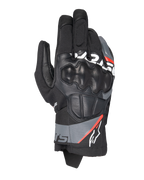 Alpinestars Corozal V3 Drystar® Gloves, Adventure Motorcycle Gloves, Black with Deep Gray and Red Fluo accents, top-down view featuring leather-covered SP knuckle protection, textile and leather chassis, and short cuff design, waterproof adventure riding gear