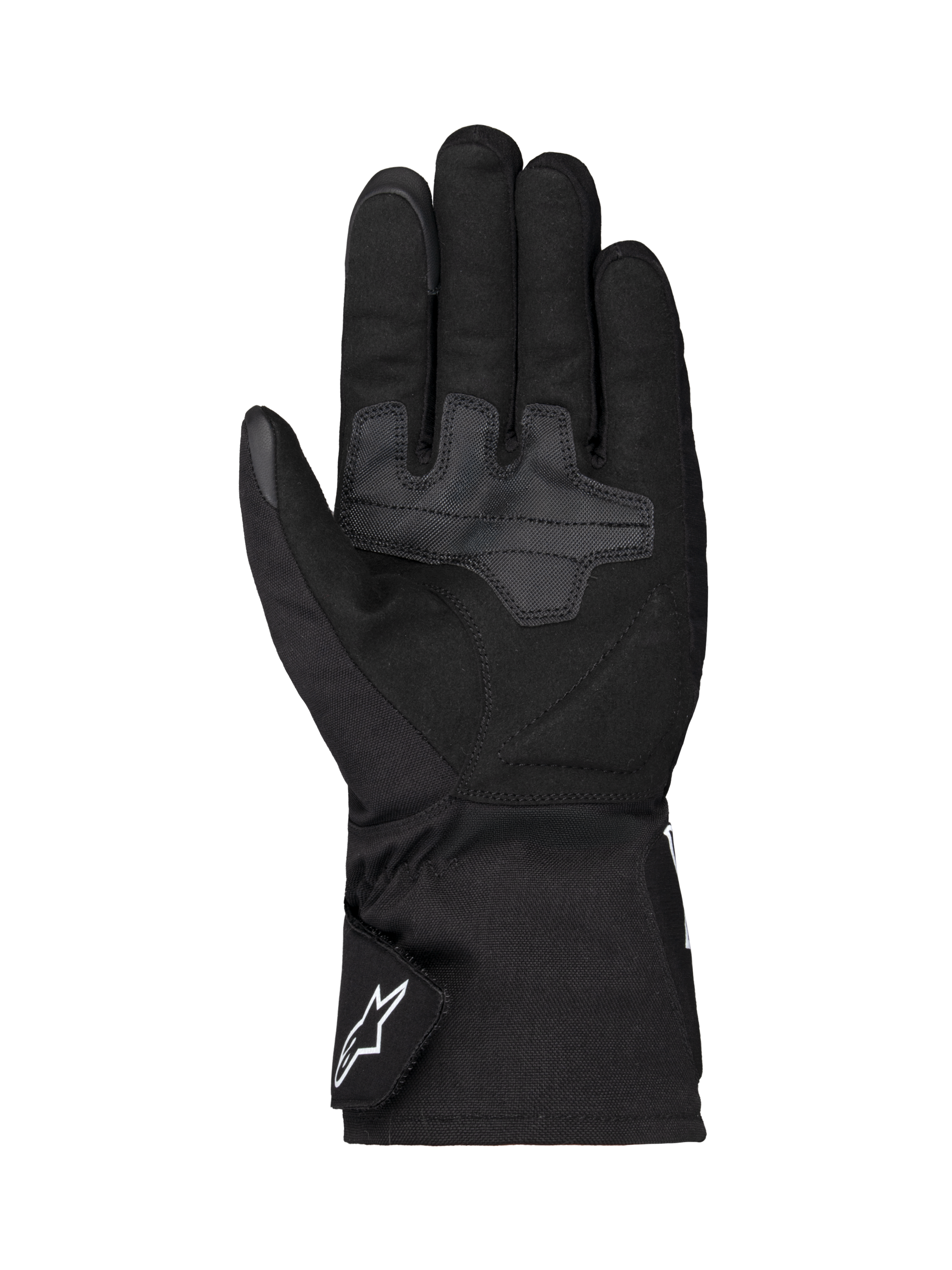 Alpinestars Wt-1 Drystar® isolerade handskar, motorcykelhandskar, svarta, vy av handflatan med förstärkta greppytor i textil, lång krage med vit Alpinestars-logotyp på remmen, väderbeständig konstruktion för vägkörning