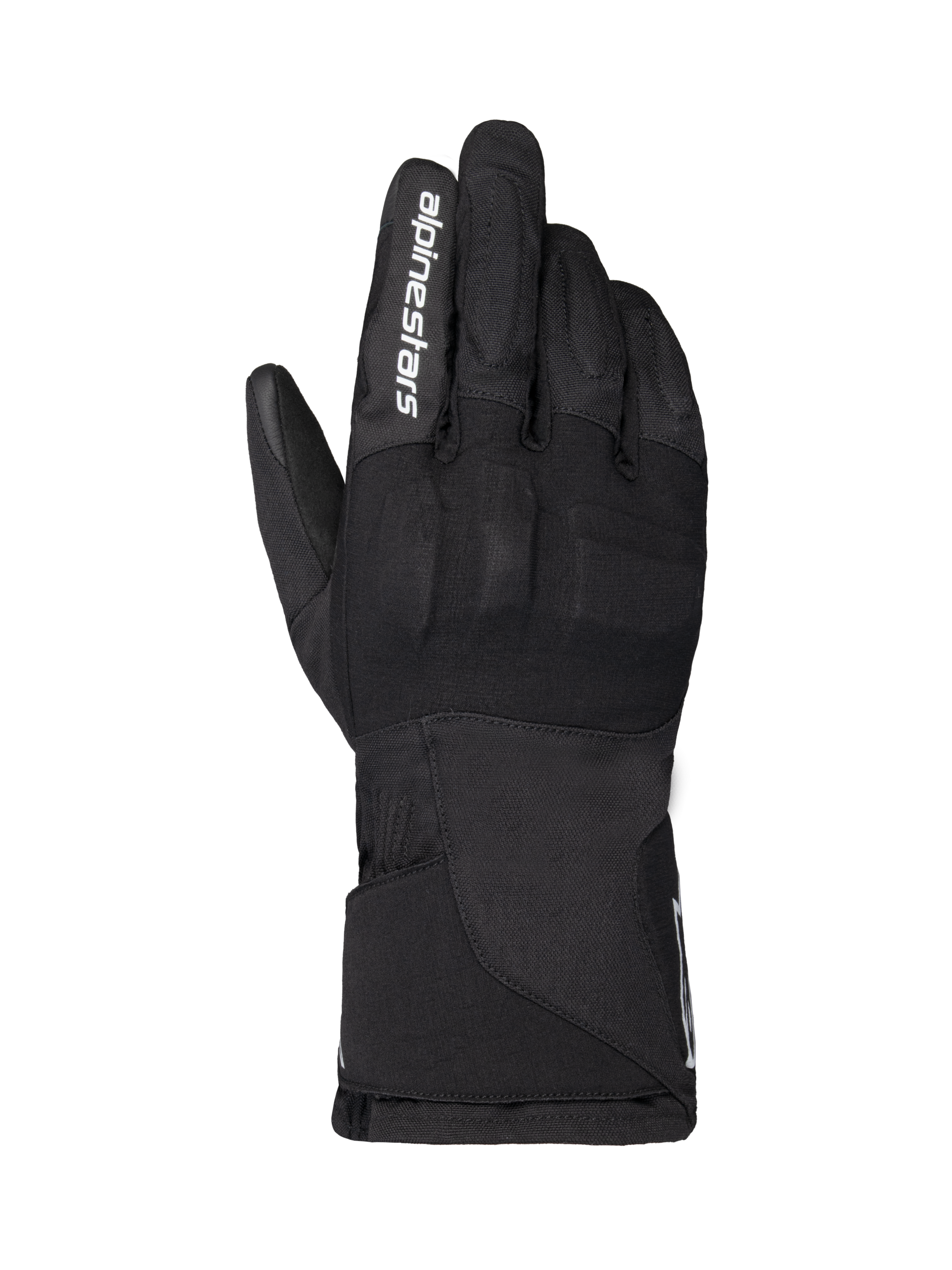 Alpinestars WT-1 Drystar Insulated-handskar, motorcykelhandskar, svarta, textilkonstruktion med integrerat knogskydd, vit Alpinestars-logotyp på pekfingret, lång krage, vattentät och termisk körutrustning för väg- och äventyrsbruk