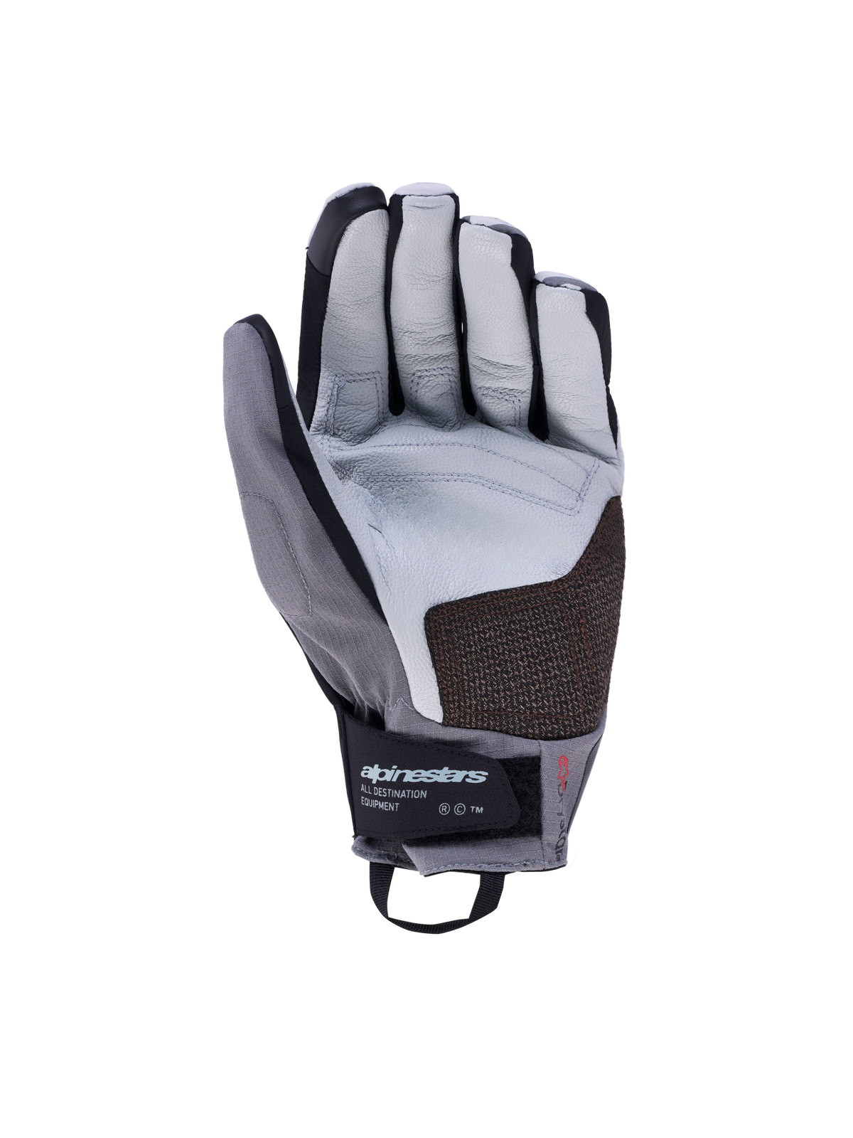 Alpinestars Harok Pro Drystar Gloves, All-Terrain Adventure Motorcycle Gloves, Ice Gray and Dark Gray, featuring goat leather palm and aramidic reinforcement on the landing zone