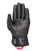 Alpinestars Crestone GORE-TEX Insulated Gloves, motorcykelhandskar, svarta, vy av handflatan med läderkonstruktion och förstärkt stötdämpande vaddering, kort manschett med Alpinestars Adventure Tech-logotyp och en klar röd dragögla