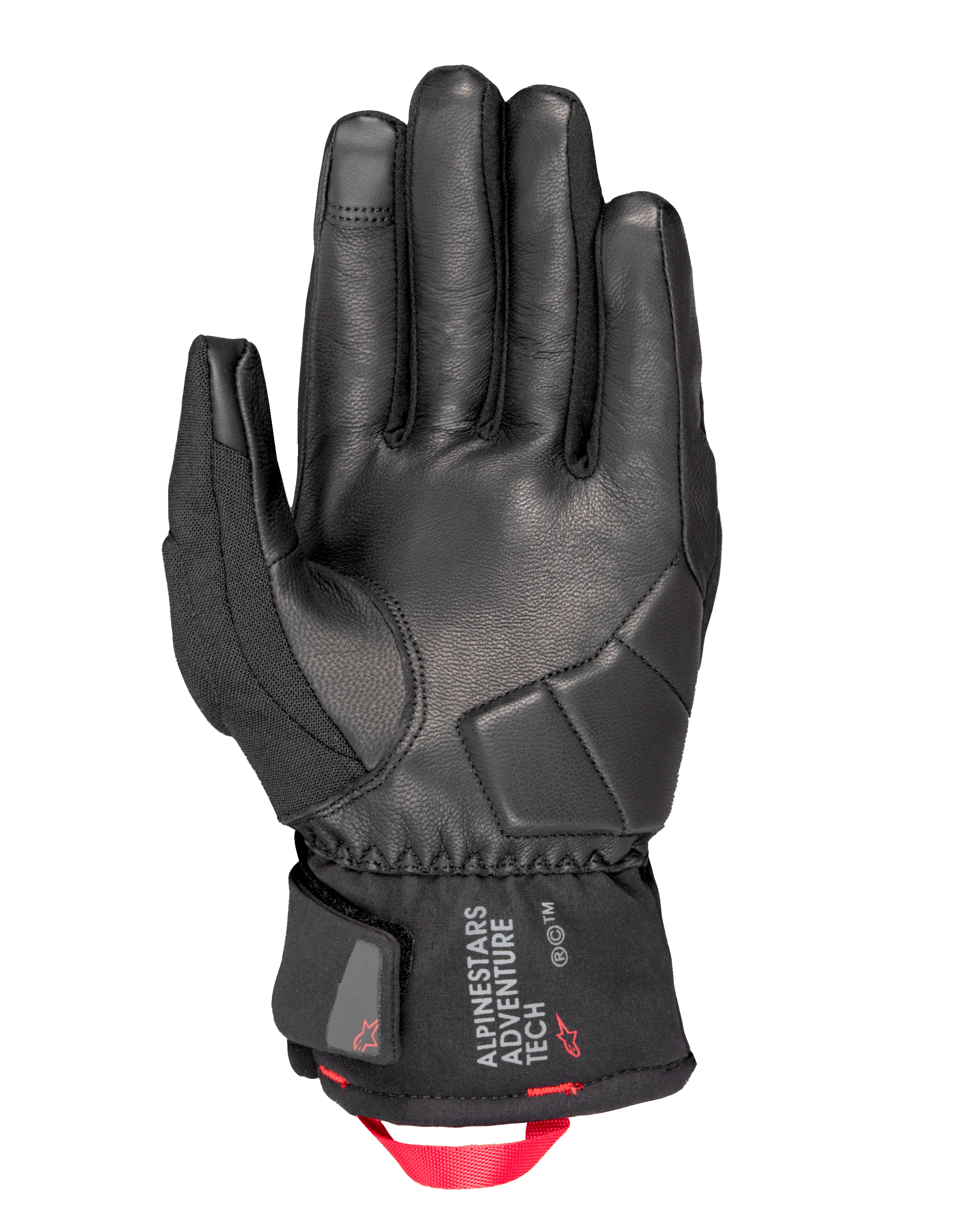 Alpinestars Crestone GORE-TEX Insulated Gloves, motorcykelhandskar, svarta, vy av handflatan med läderkonstruktion och förstärkt stötdämpande vaddering, kort manschett med Alpinestars Adventure Tech-logotyp och en klar röd dragögla
