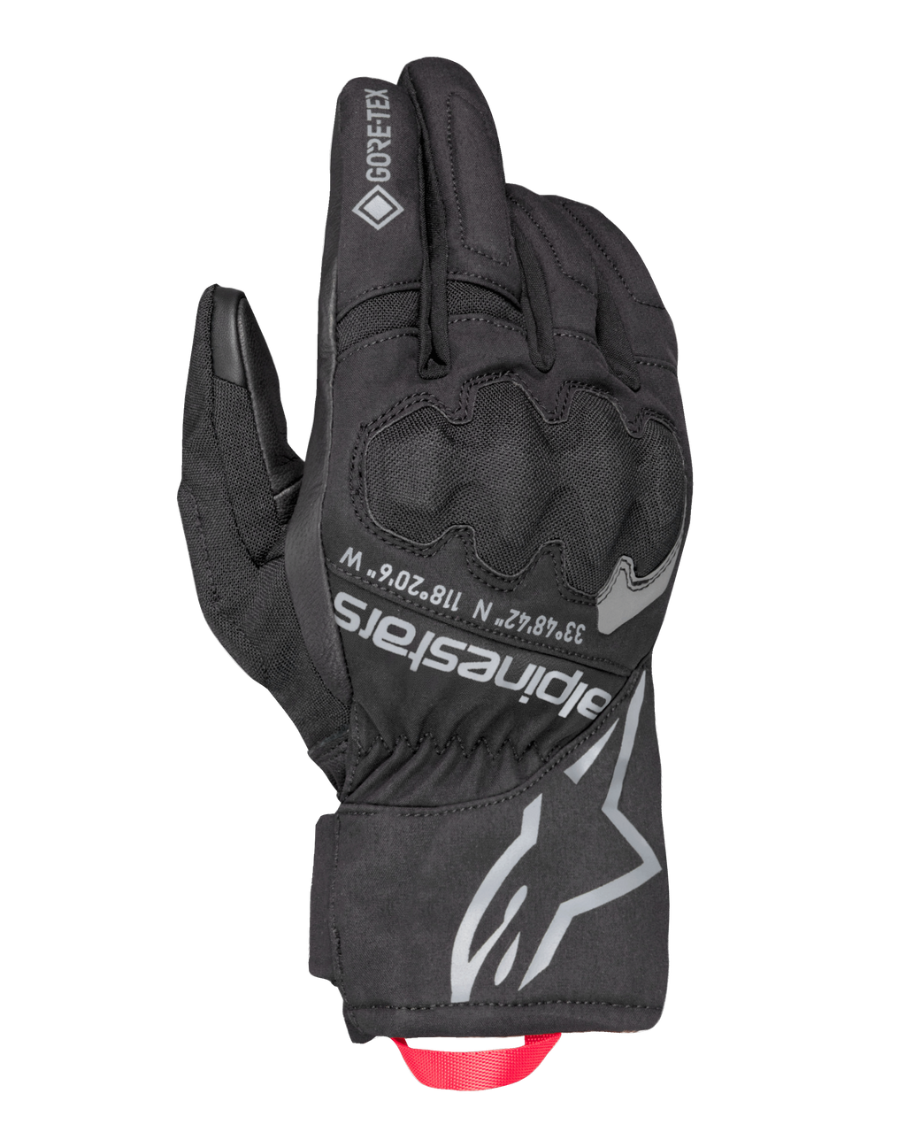Alpinestars Crestone GORE-TEX isolerade handskar, svarta motorcykelhandskar för touring, vattentät och ventilerande textil på handryggen, integrerat knogskydd, silverfärgad Alpinestars-logotyp och koordinater, röd dragögla