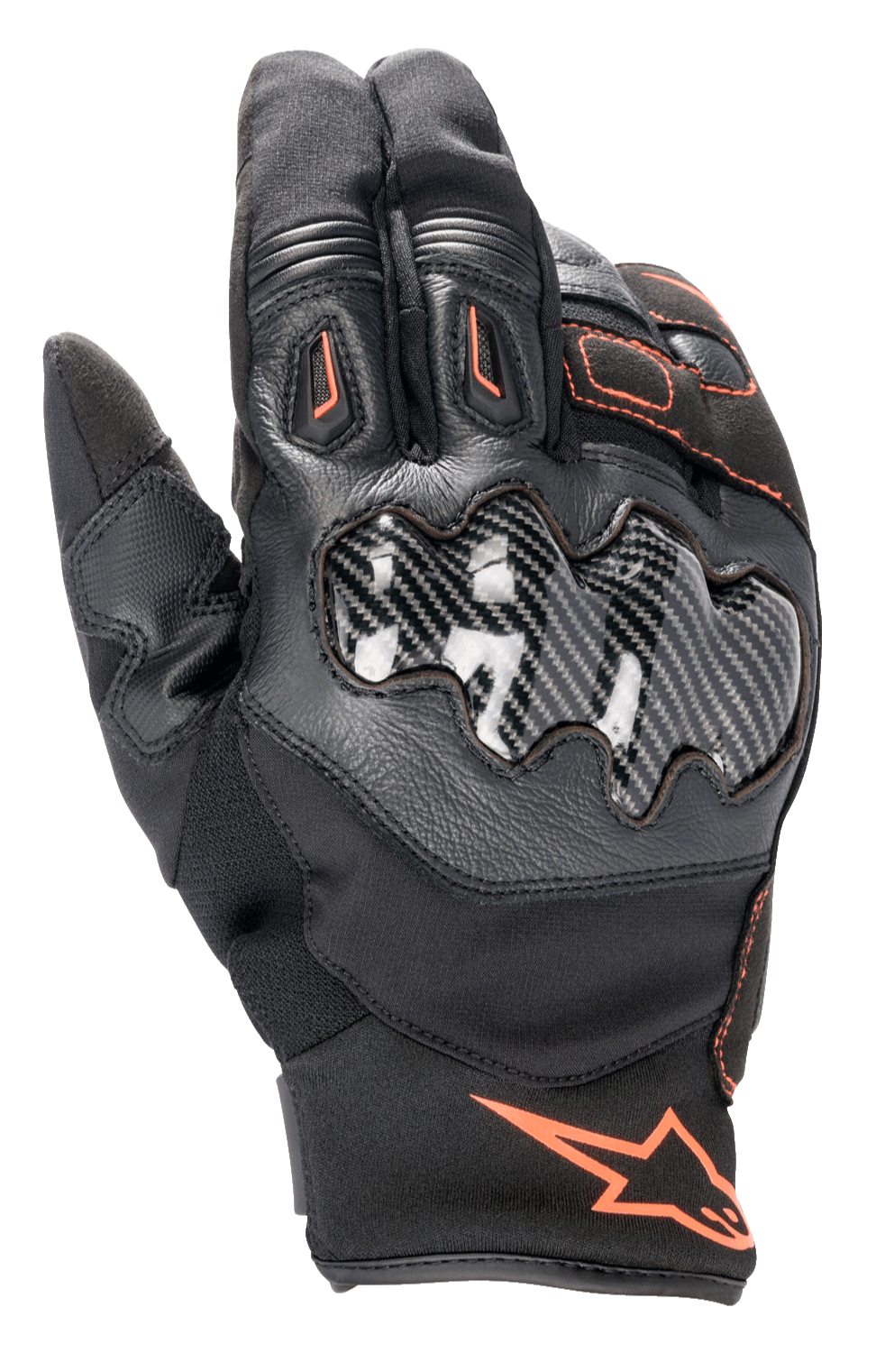 Alpinestars SMX-1 Drystar® handskar, motorcykelhandskar, svarta med röd-fluo accenter, knogskydd med kolfibereffekt, kort manschett, konstruktion i läder och textil, vattentätt Drystar®-membran