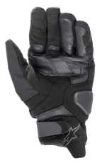 Alpinestars SMX-1 Drystar® handskar, motorcykelhandskar, svarta, vy av handflatan som visar konstruktion i syntetisk mocka, läderförstärkningar, vadderade landningszoner och justerbar handledsstängning med logotyp
