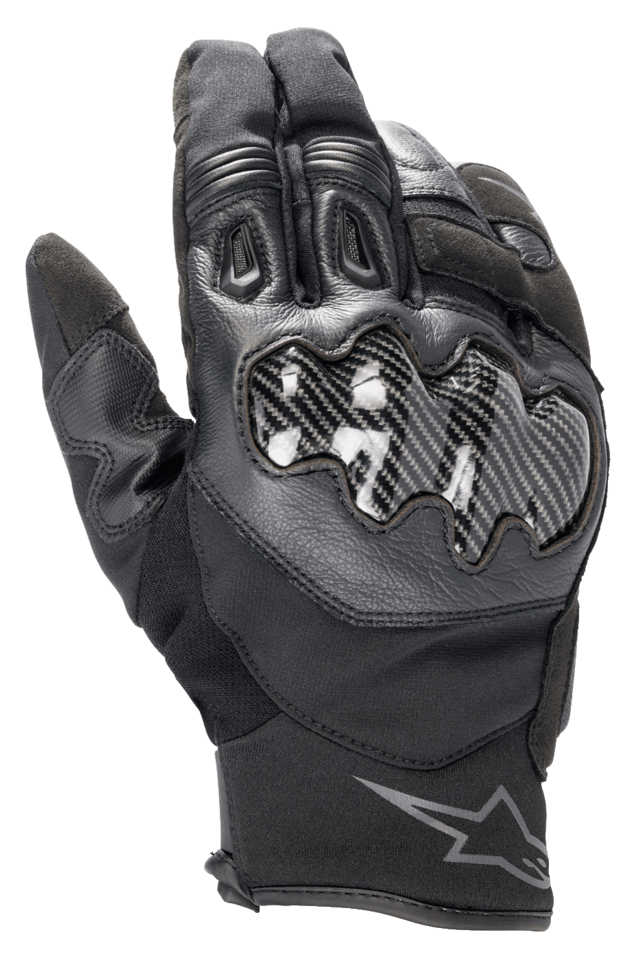 Alpinestars SMX-1 Drystar® handskar, svarta motorcykelhandskar, med knogskydd i kolfibereffekt, konstruktion i läder och textil, kort manschett med Alpinestars-logotyp på handleden