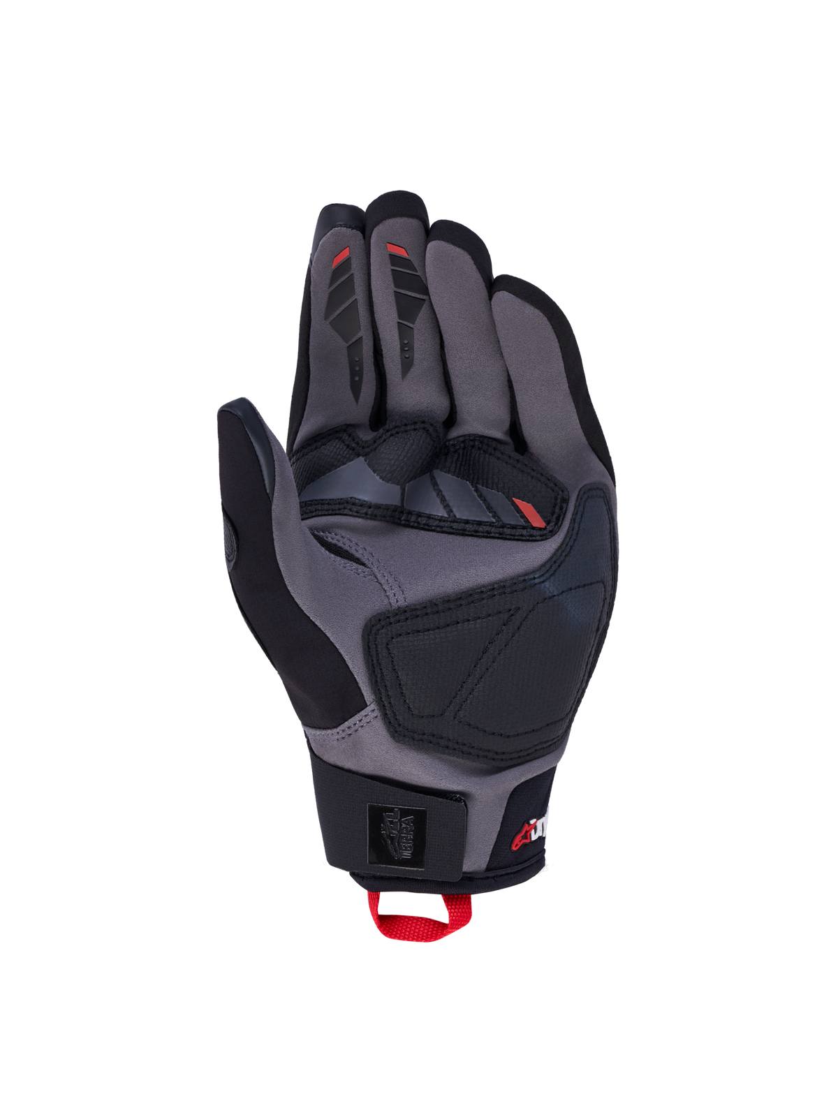 Alpinestars Maxdura Drystar handskar, all-terrain motorcykelhandskar, svarta och mörkgrå med röda detaljer, vattentätt Drystar-membran och handflatsförstärkningar i mocka