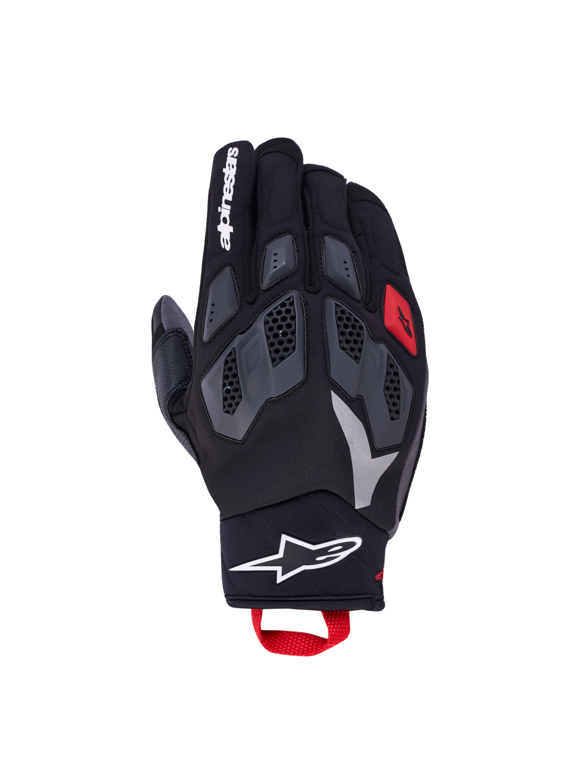 Alpinestars Maxdura Drystar handskar, äventyrs-MC-handskar, svarta med mörkgråa, röda och vita detaljer, flexibla TPR-knogar, vattentätt Drystar-membran och röd dragögla