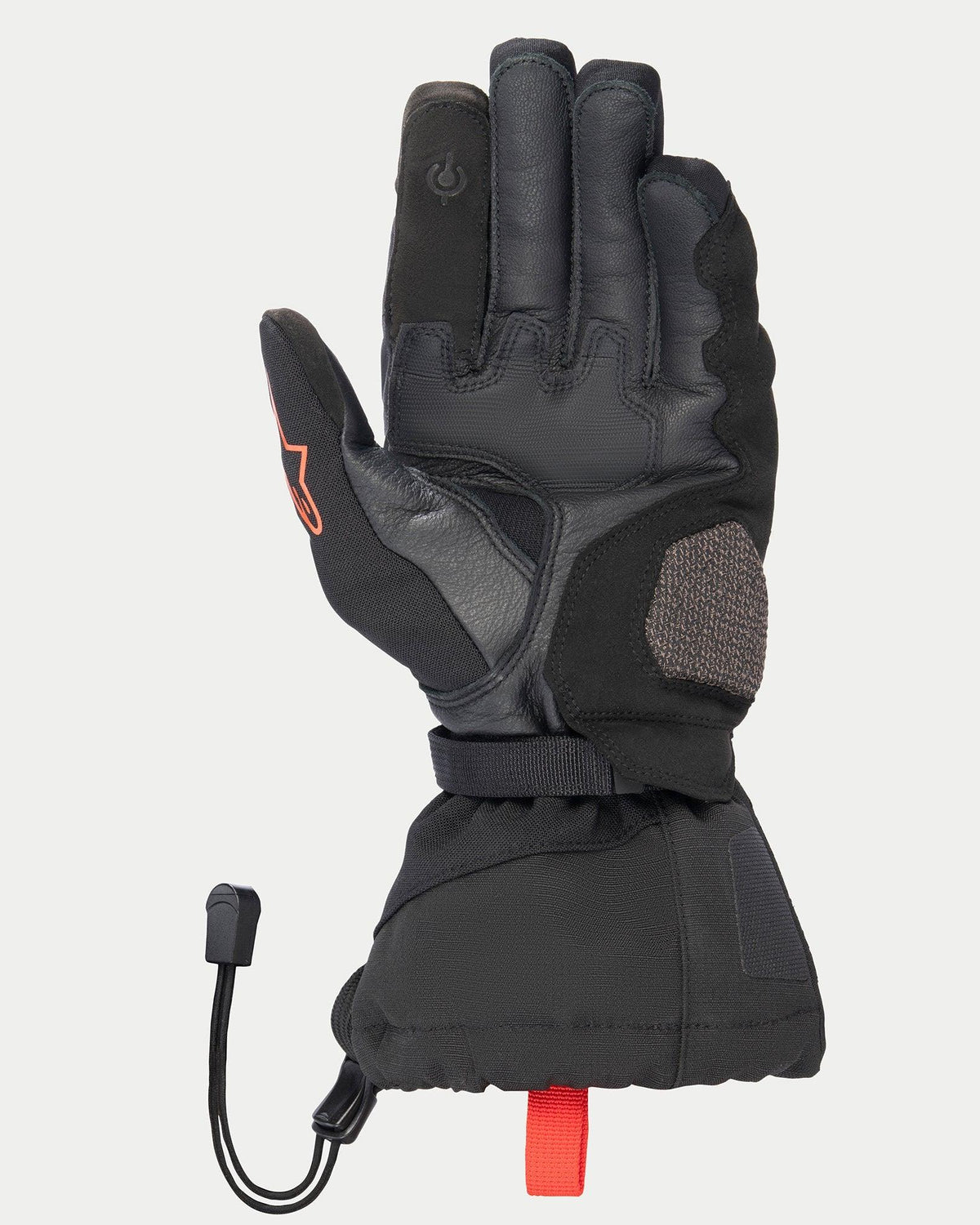 Alpinestars XT-5 GORE-TEX-handskar, svarta, vy från handflatan som visar läderkonstruktion, AR Shield-förstärkning vid landningszonen, lång manschett med dragsnodd, pekskärmskompatibla fingertoppar och röda signaturdetaljer.
