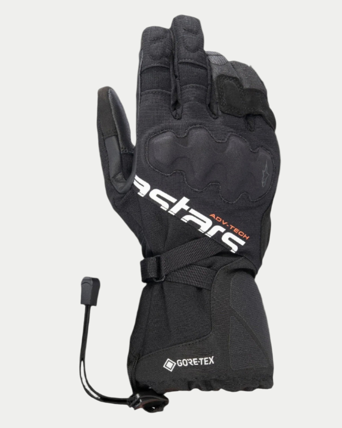Alpinestars XT-5 GORE-TEX-handskar, svarta motorcykelhandskar för äventyrstouring, lång krage med GORE-TEX och vit astars-logotyp, täckt knogskydd, konstruktion i mikro-ripstop-textil och läder, stängning med dragsnodd