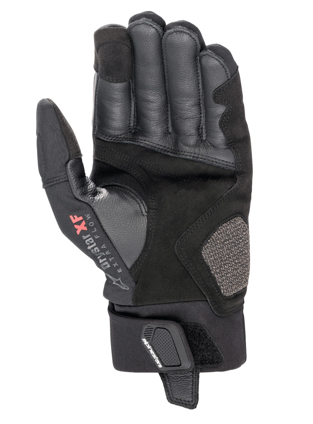 Alpinestars Hyde XT Drystar® XF-handskar, motorcykelhandskar, svarta, vy av handflatan med förstärkt syntetisk mocka och lädertextur, Drystar XF Extra Flow-logotyp på tummen, medellång manschett med säker handledsrem, adventure touring-design