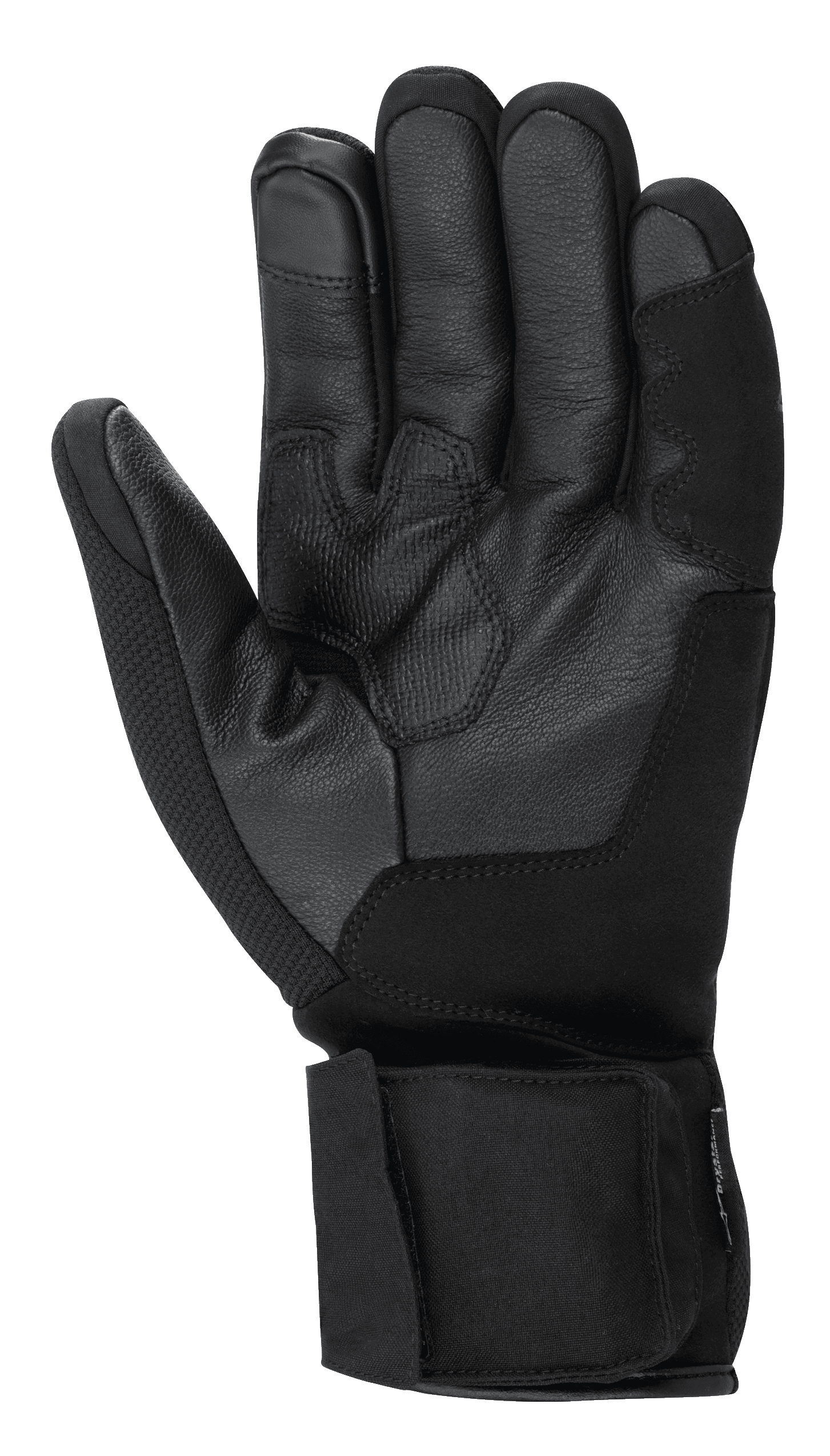 Alpinestars HT-3 Heat Tech Drystar®-handskar, svarta motorcykelhandskar, vy av handflatan som visar konstruktion i getläder, texturerat grepp på handflata och tumme, justerbar handledsrem, pekskärmskompatibelt pekfinger, touringutrustning för vinterbruk