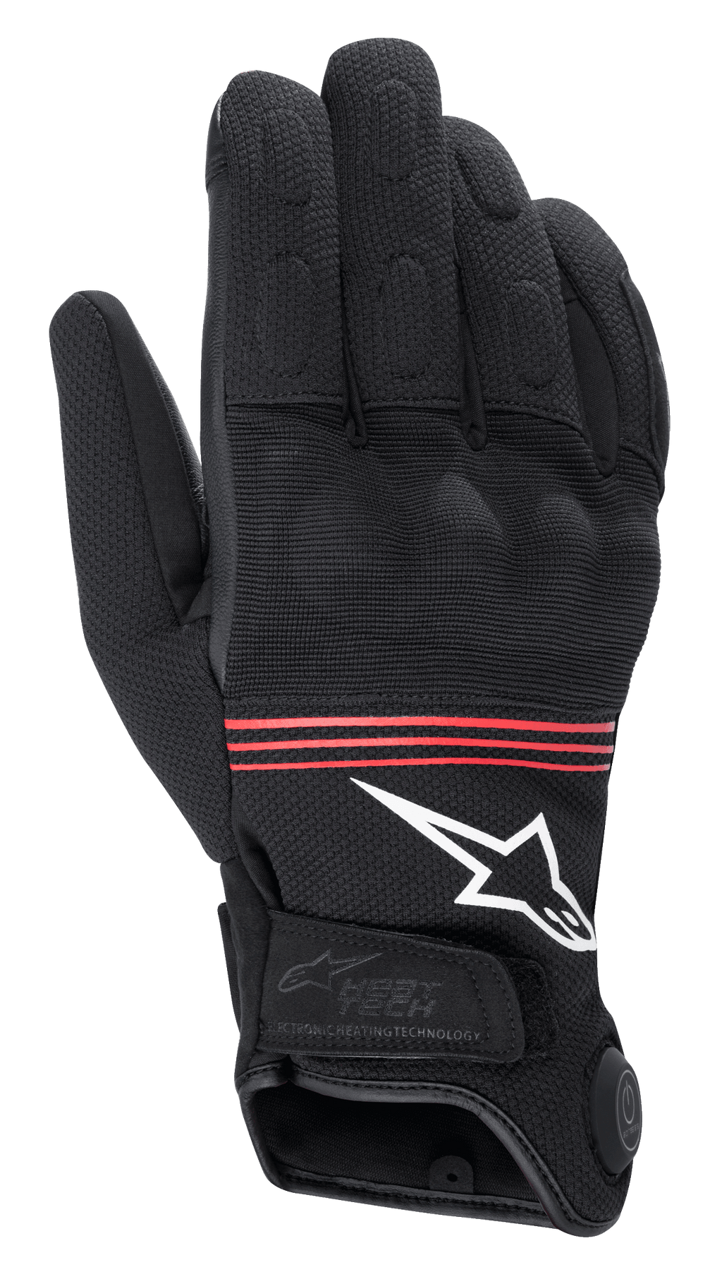 Alpinestars HT-3 Heat Tech Drystar®-handskar, uppvärmda motorcykelhandskar, svarta med röda ränder och vit logotyp, med kontrollknapp för elektronisk värmeteknologi på mudden, förstärkta knogar och slitstark textilkonstruktion