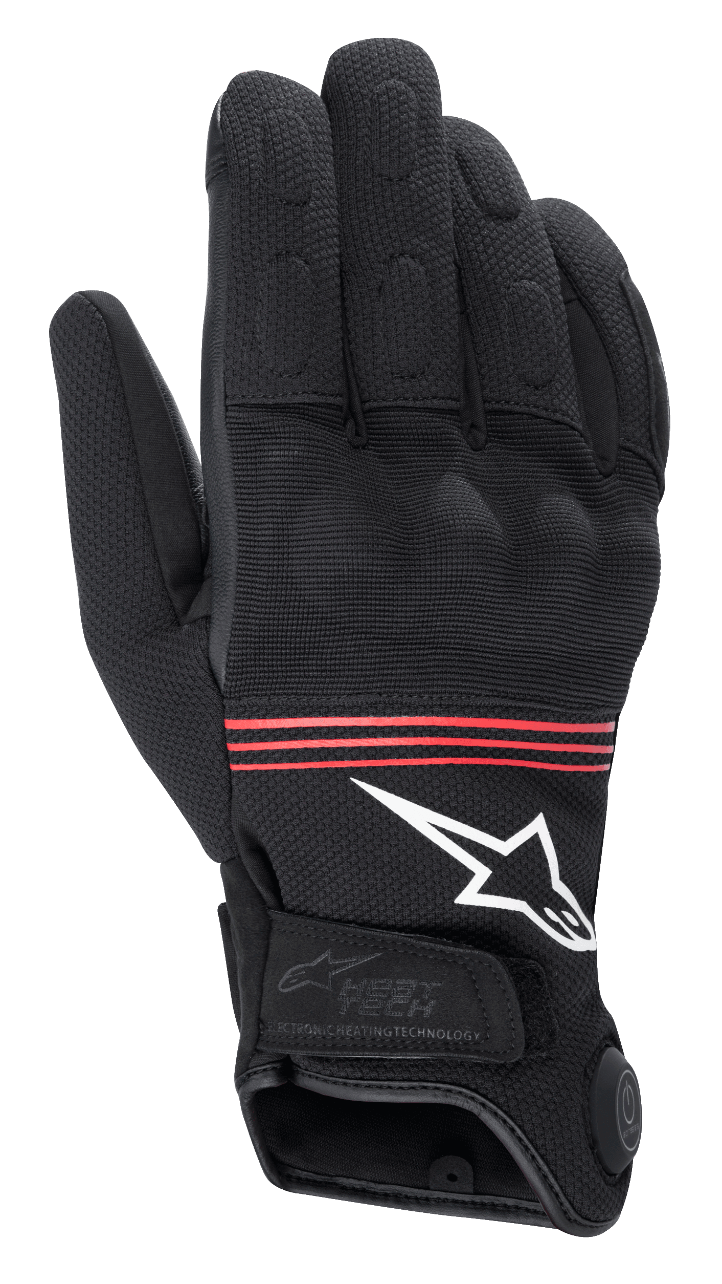 Alpinestars HT-3 Heat Tech Drystar®-handskar, uppvärmda motorcykelhandskar, svarta med röda ränder och vit logotyp, med kontrollknapp för elektronisk värmeteknologi på mudden, förstärkta knogar och slitstark textilkonstruktion
