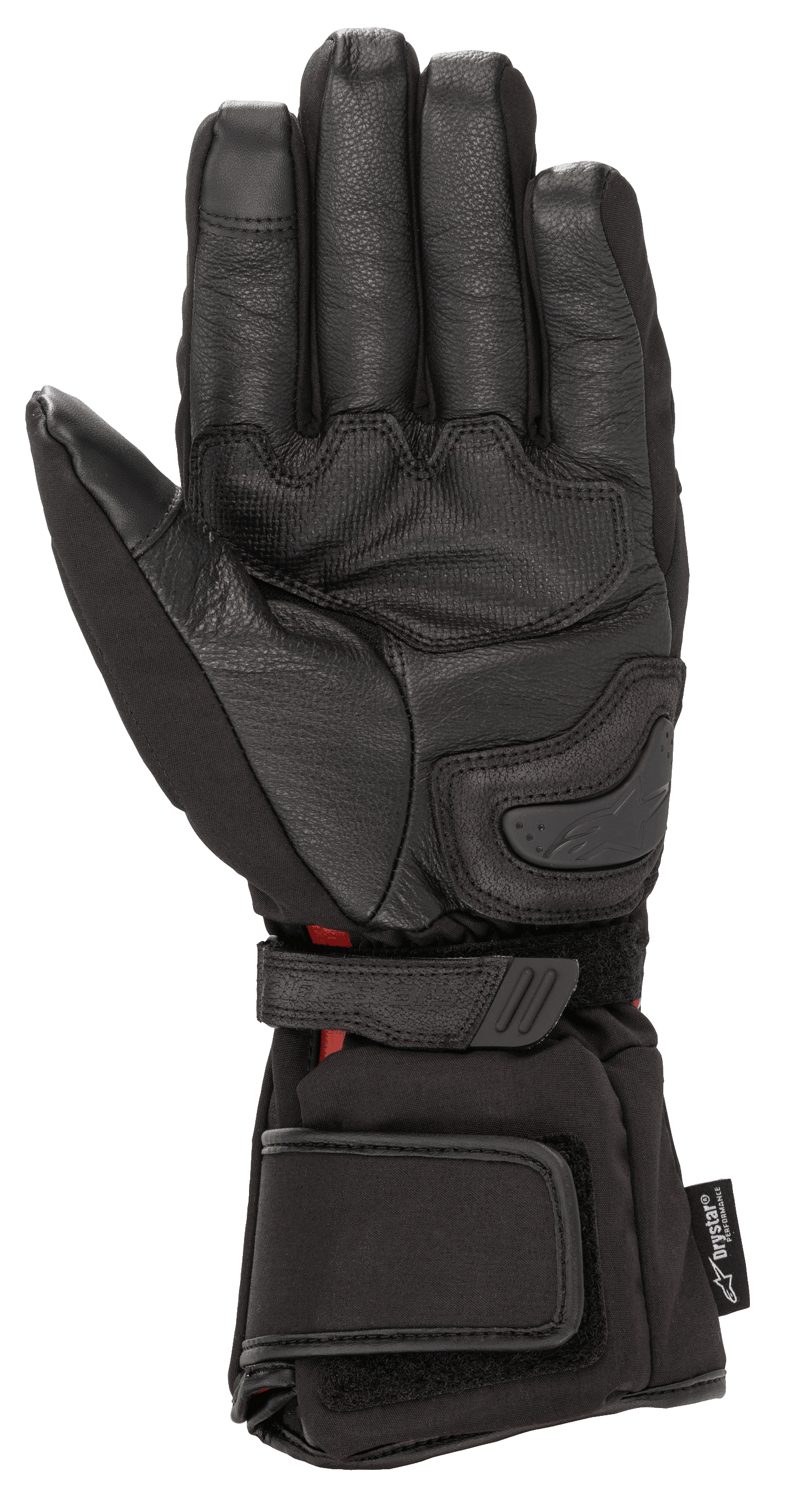Alpinestars HT-5 Heat Tech Drystar® Gloves, Black, palm side view, featuring goat leather construction, palm slider, and adjustable wrist and cuff straps, waterproof and heated winter motorcycle touring gear