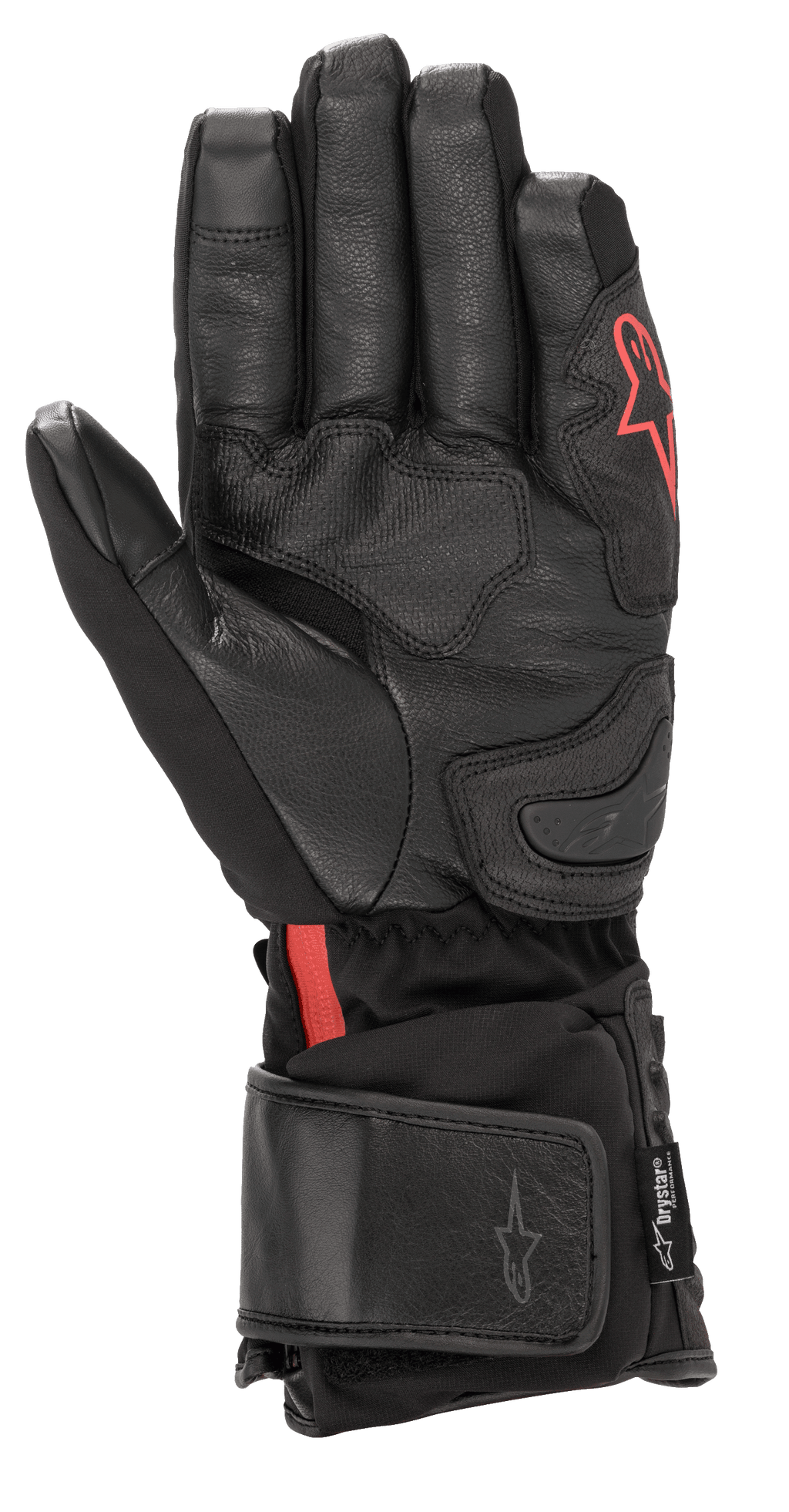 Alpinestars HT-7 Heat Tech Drystar® handskar, svarta uppvärmda motorcykelhandskar med läderhandflata och softshell-konstruktion, röd Alpinestars-logotyp, vattentät Drystar®-teknologi och justerbar manschett för landsvägskörning i kallt väder