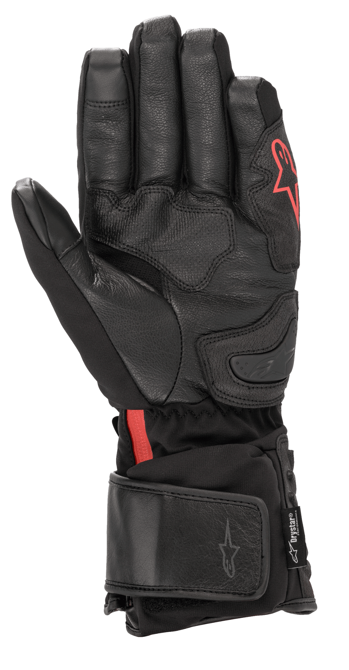 Alpinestars HT-7 Heat Tech Drystar® handskar, svarta uppvärmda motorcykelhandskar med läderhandflata och softshell-konstruktion, röd Alpinestars-logotyp, vattentät Drystar®-teknologi och justerbar manschett för landsvägskörning i kallt väder