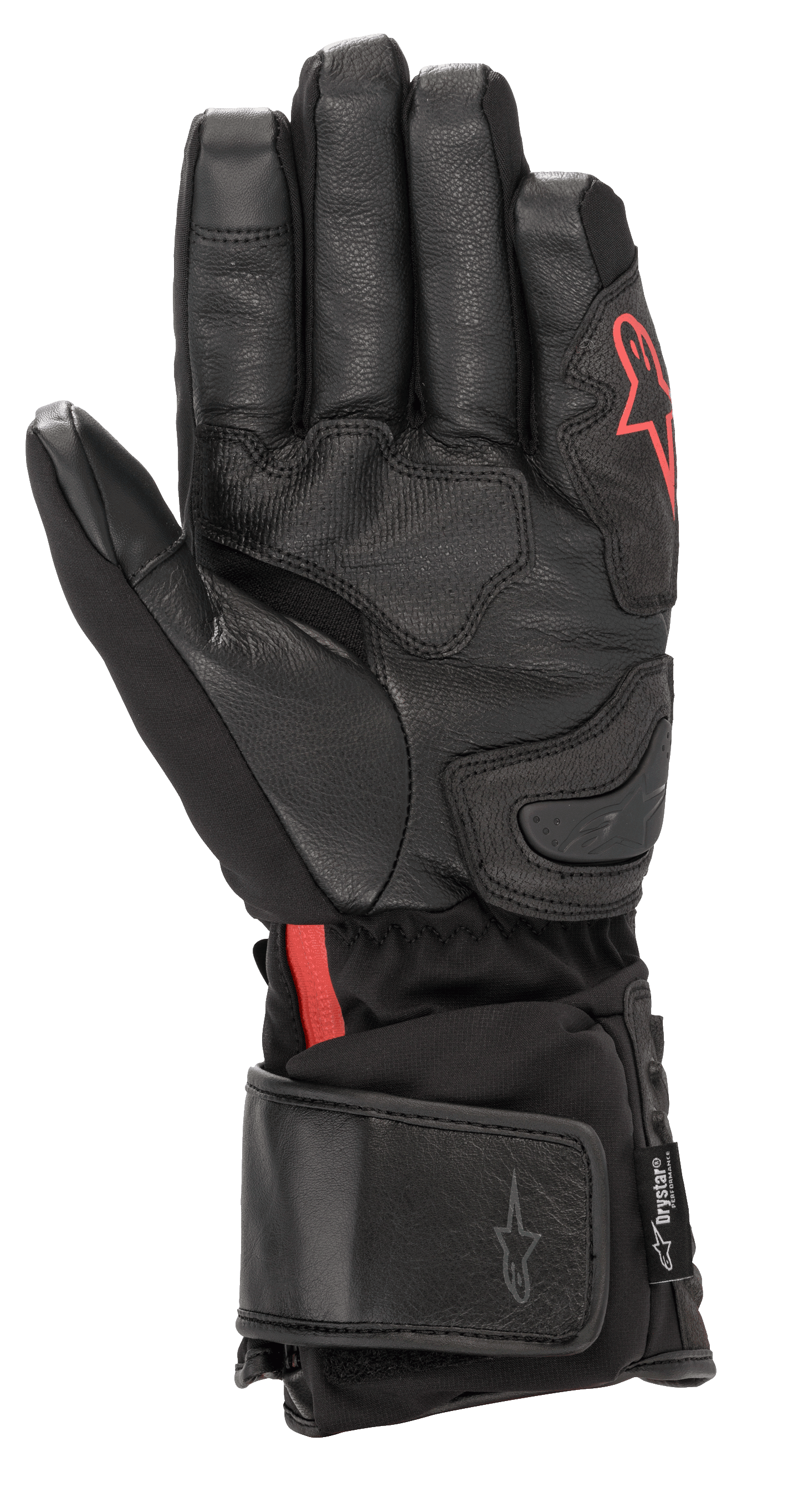 Alpinestars HT-7 Heat Tech Drystar® handskar, svarta uppvärmda motorcykelhandskar med läderhandflata och softshell-konstruktion, röd Alpinestars-logotyp, vattentät Drystar®-teknologi och justerbar manschett för landsvägskörning i kallt väder