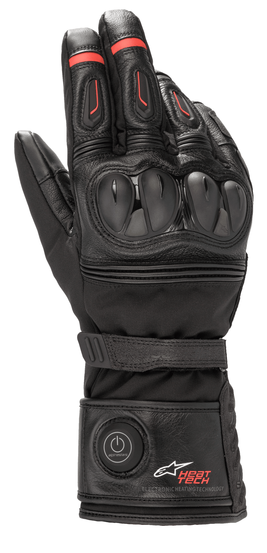 Alpinestars HT-7 Heat Tech Drystar-handskar, uppvärmda motorcykelhandskar, svarta med röda detaljer, elektroniskt Heat Tech-system med strömknapp på kragen, TPU-knogskydd, vattentät Drystar-teknologi, läder- och textilkonstruktion