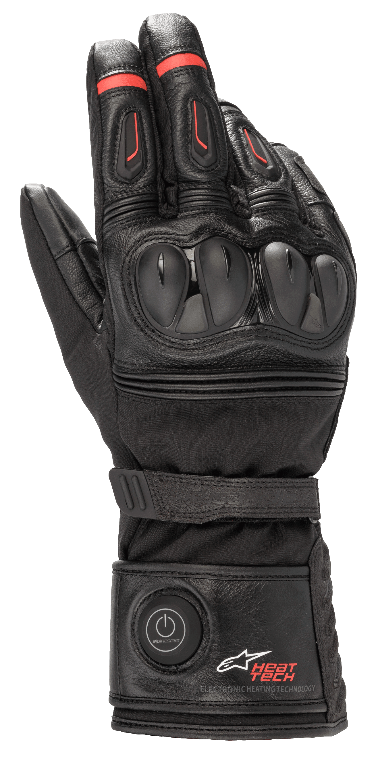 Alpinestars HT-7 Heat Tech Drystar-handskar, uppvärmda motorcykelhandskar, svarta med röda detaljer, elektroniskt Heat Tech-system med strömknapp på kragen, TPU-knogskydd, vattentät Drystar-teknologi, läder- och textilkonstruktion