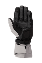 Alpinestars WR-X GORE-TEX-handskar, vintermotorcykelhandskar, mörkgrå, isgrå och svarta, vy av handflatan som visar läderkonstruktion, syntetiska mockaförstärkningar, pekskärmskompatibelt pekfinger och lång manschett för väderskydd