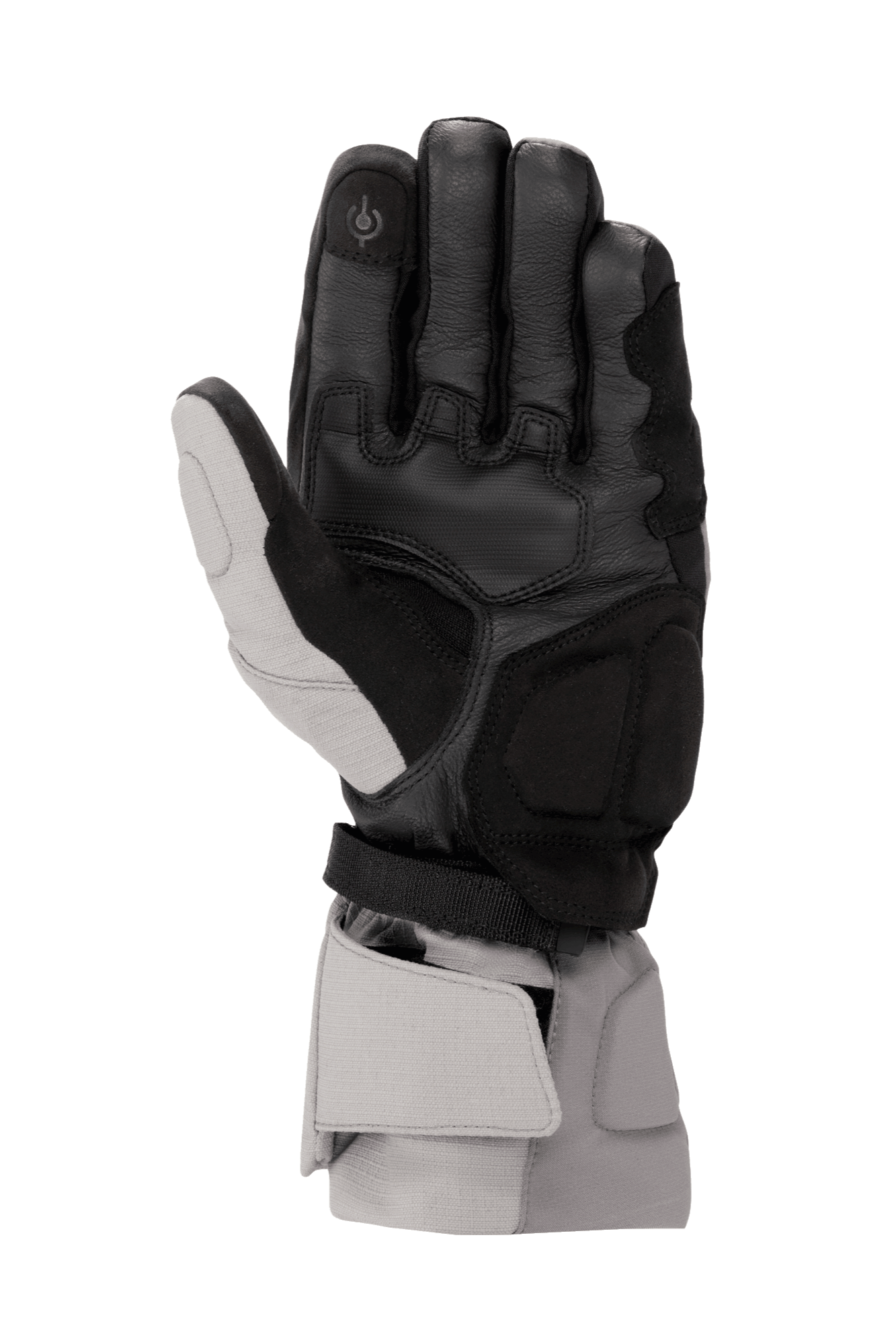 Alpinestars WR-X GORE-TEX-handskar, vintermotorcykelhandskar, mörkgrå, isgrå och svarta, vy av handflatan som visar läderkonstruktion, syntetiska mockaförstärkningar, pekskärmskompatibelt pekfinger och lång manschett för väderskydd