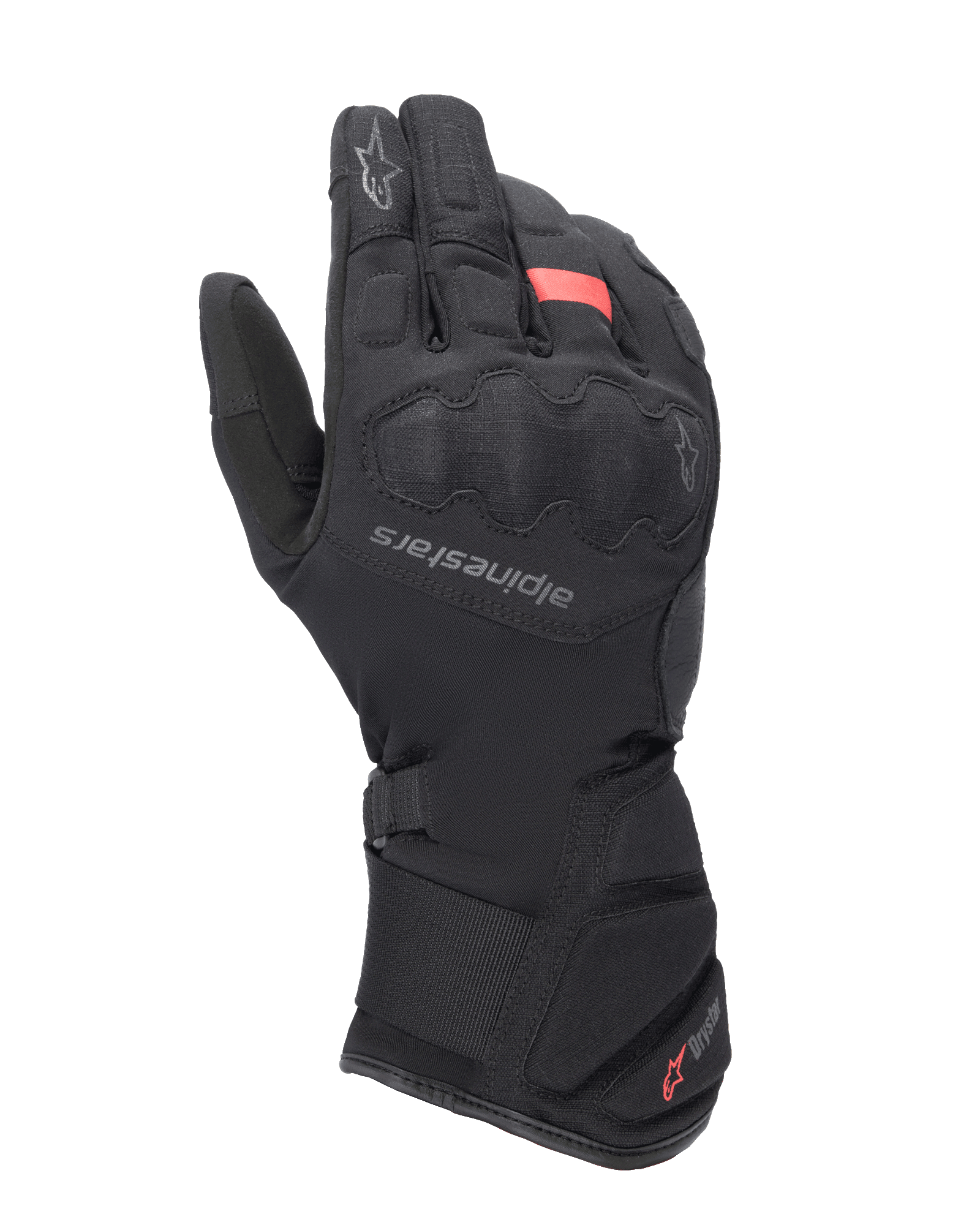 Alpinestars Tourer W-7 V2 Drystar Gloves, Winter Motorcycle Touring Gloves, Black with red accents, featuring reinforced knuckle protection, Alpinestars logo on the back of the hand, and a long adjustable cuff with Drystar branding