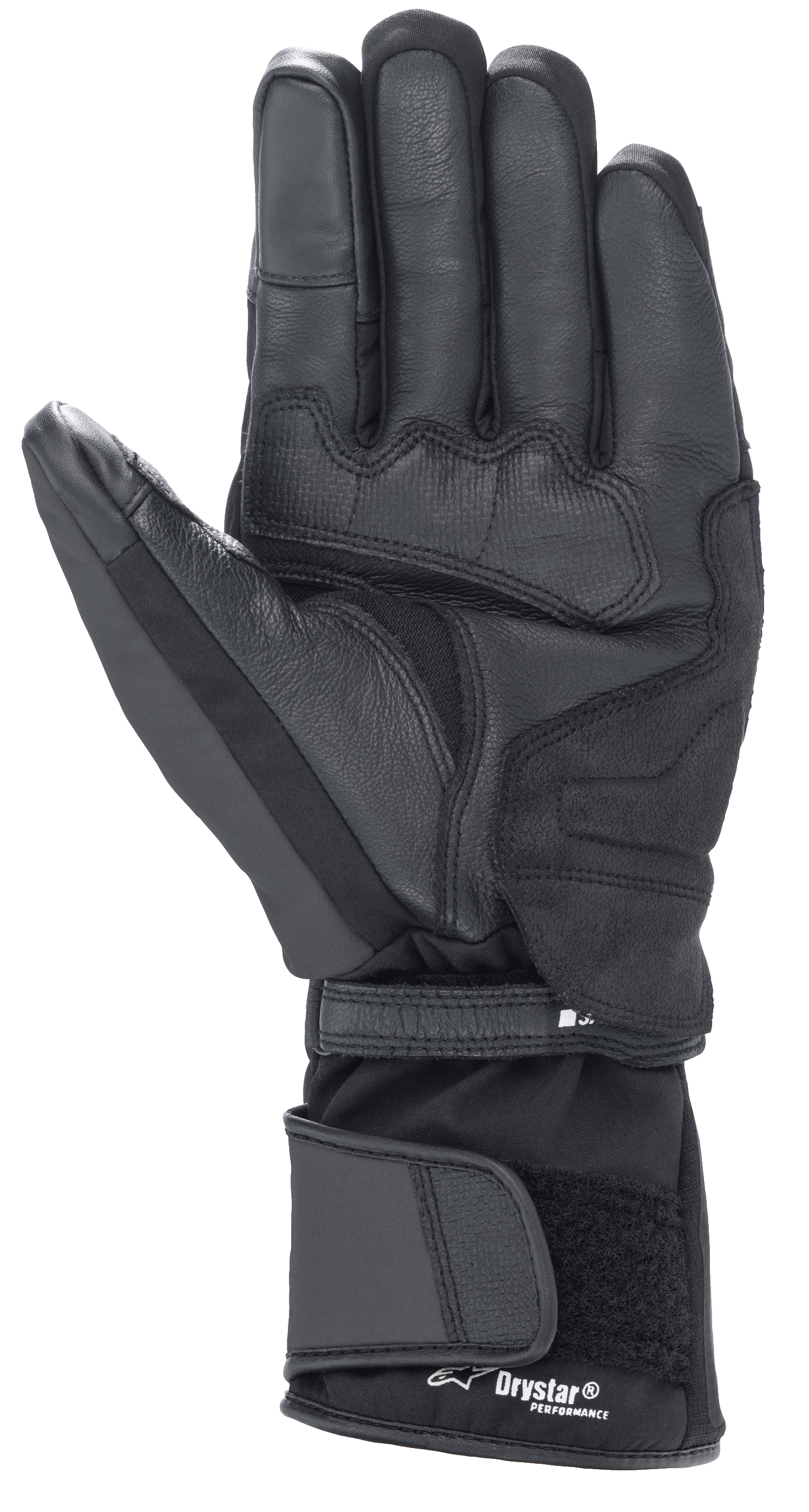 Alpinestars Denali Aerogel Drystar®-handskar, svarta, vy av handflatan med förstärkta materialpaneler, texturerat grepp på fingrarna och justerbar lång krage med Drystar® Performance-märkning, vinterutrustning för motorcykel och adventure touring