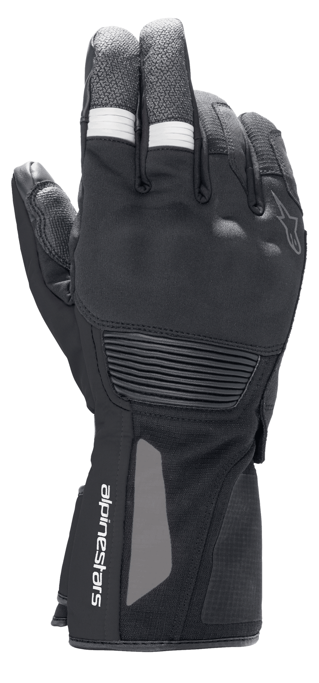Alpinestars Denali Aerogel Drystar®-handskar, motorcykelhandskar för adventure touring, svarta med vita ribbade detaljer på fingrarna, formgjutet knogskydd och logotyp på handleden, teknisk konstruktion i flera material för prestanda i kallt väder