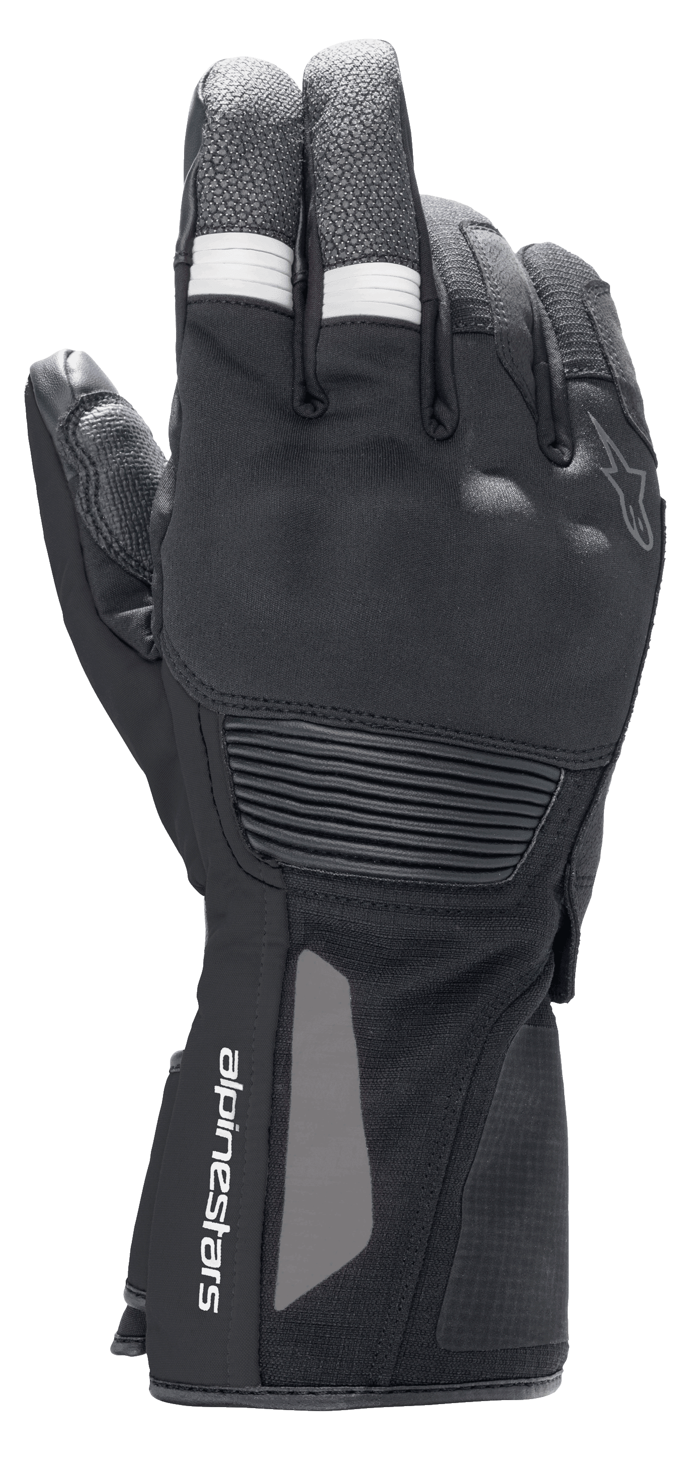 Alpinestars Denali Aerogel Drystar® Gloves, Motorcycle Adventure Touring Gloves, Black with white ribbed finger accents, molded knuckle protection and wrist branding, technical multi-material construction for cold weather performance