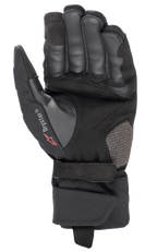 Alpinestars Bogota' Drystar® XF-handskar, motorcykelhandskar, svarta, vy av handflatan med förstärkt läderkonstruktion, justerbar handledsrem och Drystar-branding, hållbar utrustning för adventure touring