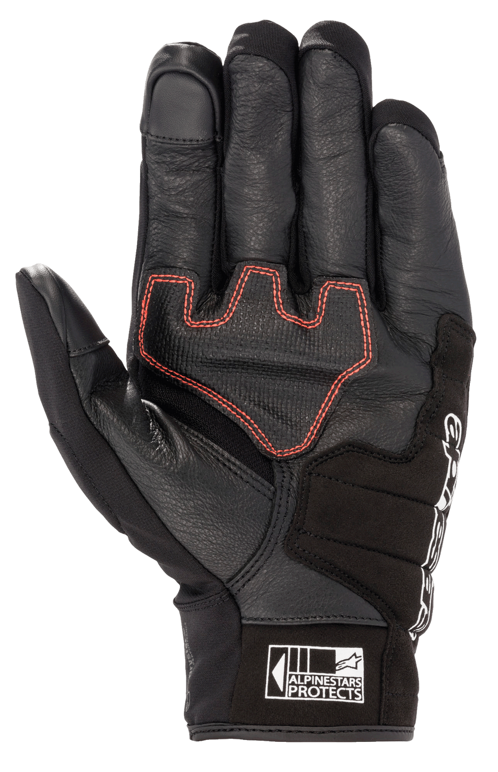 Alpinestars Honda SMX Z Drystar®-handske, mc-handske med kort manschett, svart med klarröd geometrisk söm i handflatan, konstruktion i getläder med förstärkningar i mocka, pekskärmskompatibla fingertoppar och Alpinestars Protects-logotyp på manschetten.