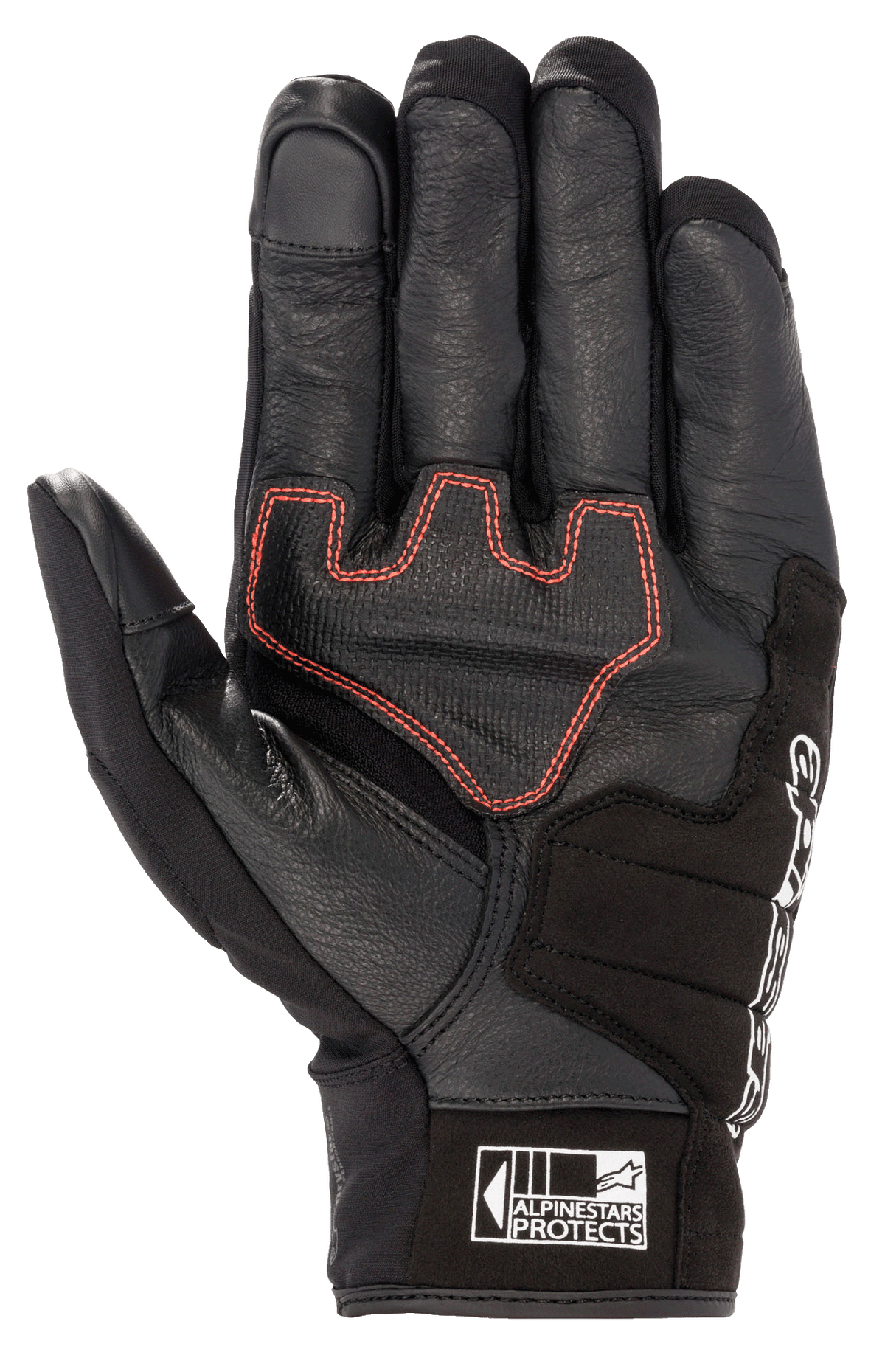 Alpinestars Honda SMX Z Drystar®-handske, mc-handske med kort manschett, svart med klarröd geometrisk söm i handflatan, konstruktion i getläder med förstärkningar i mocka, pekskärmskompatibla fingertoppar och Alpinestars Protects-logotyp på manschetten.