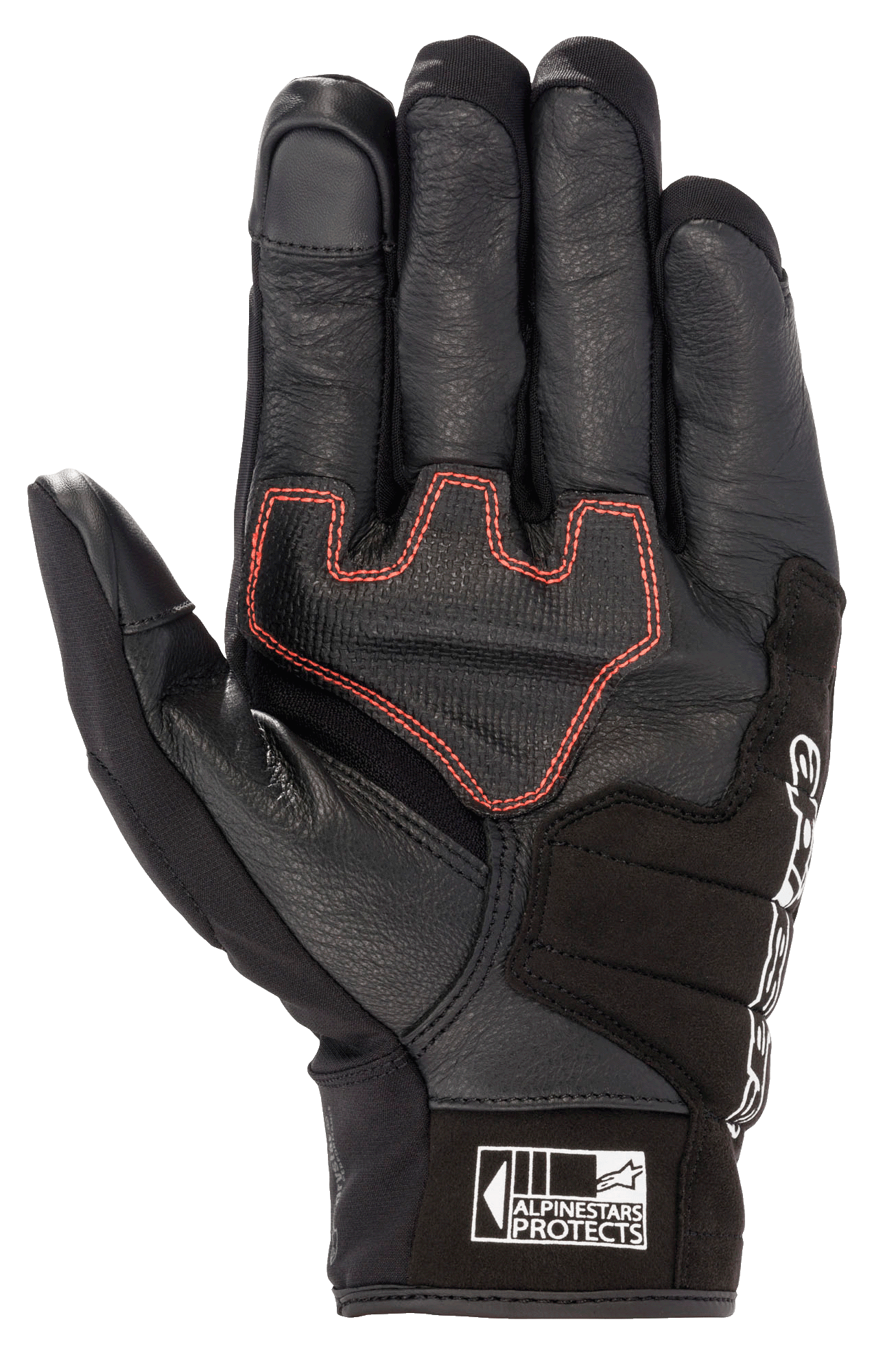 Alpinestars Honda SMX Z Drystar®-handske, mc-handske med kort manschett, svart med klarröd geometrisk söm i handflatan, konstruktion i getläder med förstärkningar i mocka, pekskärmskompatibla fingertoppar och Alpinestars Protects-logotyp på manschetten.