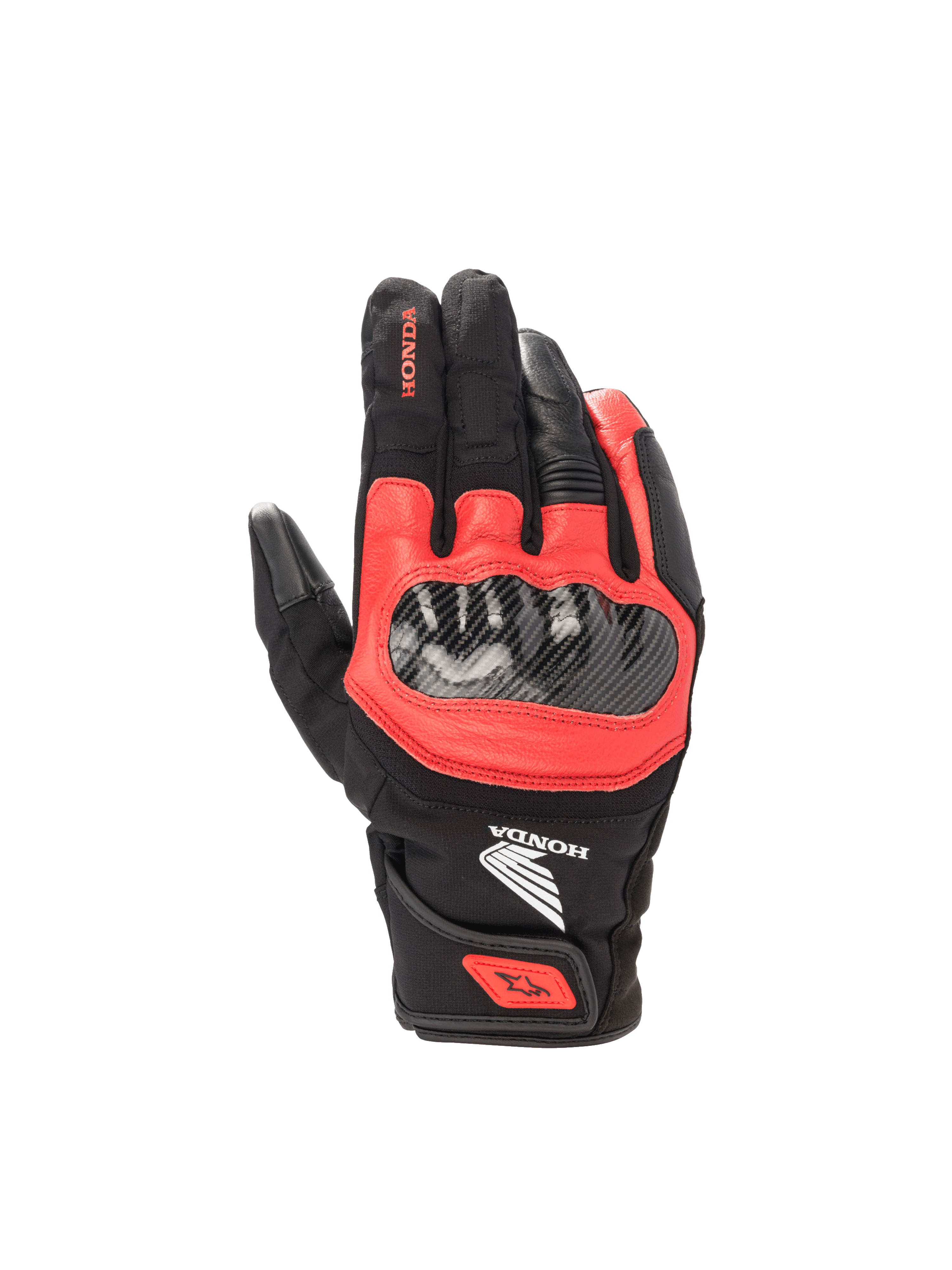 Honda SMX Z Drystar® handskar, vattentäta MC-handskar i svart och rött läder med hårt knogskydd och Honda-logotyp.