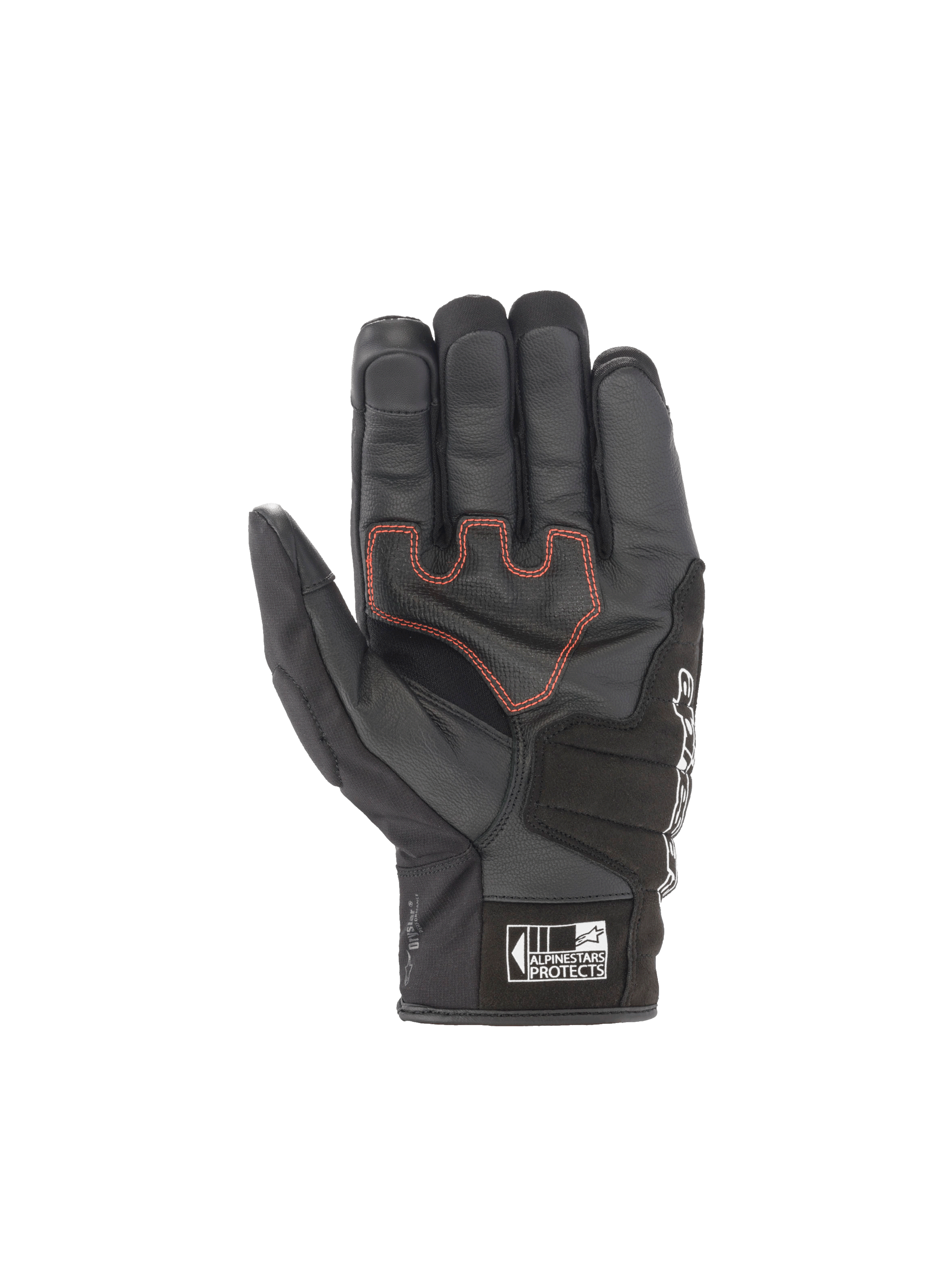 Alpinestars SMX Z Drystar handskar, svarta vattentäta motorcykelhandskar i getläder med röd söm i handflatan.